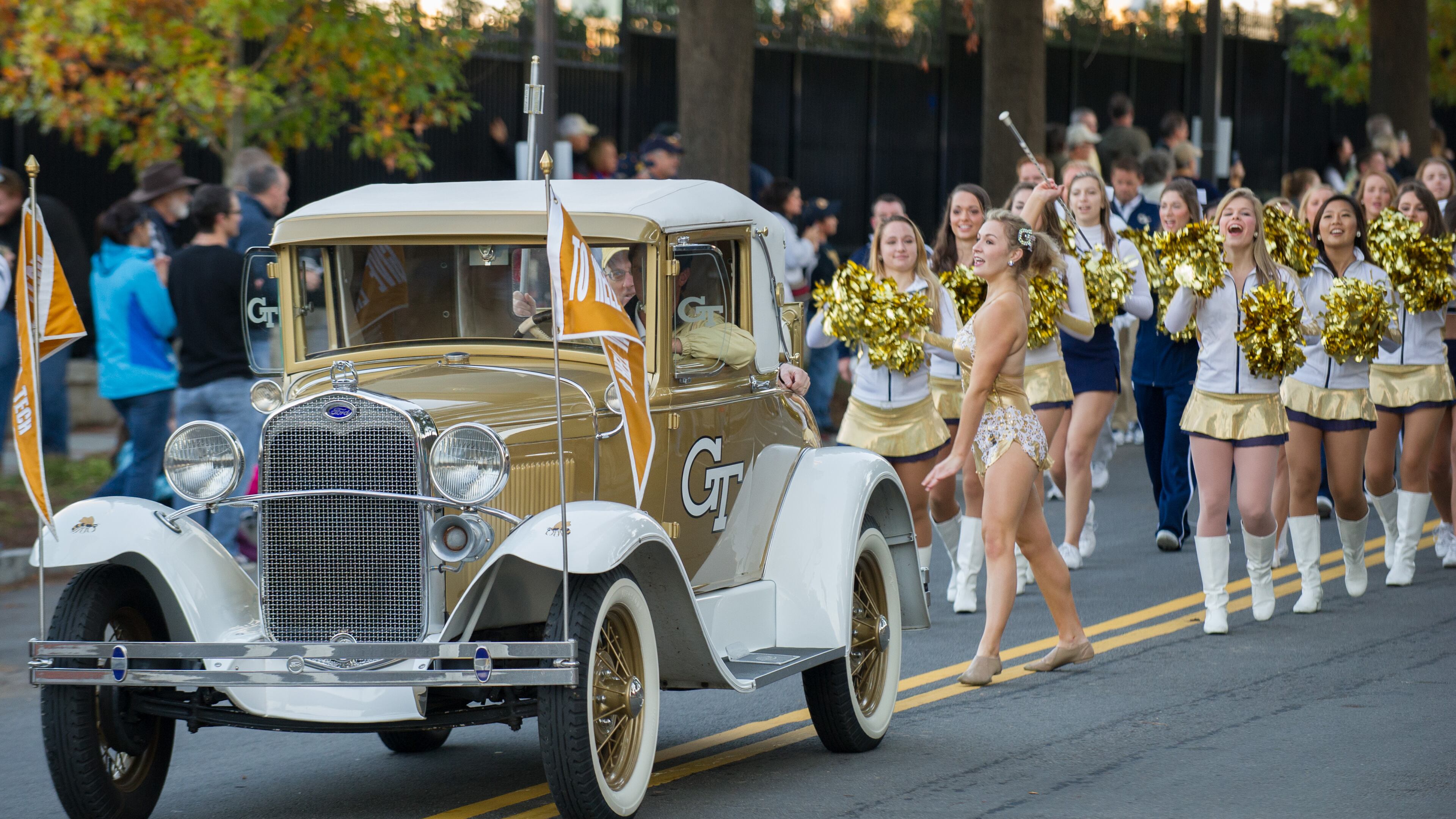 Georgia Tech's Ramblin' Wreck leads a campus parade.
