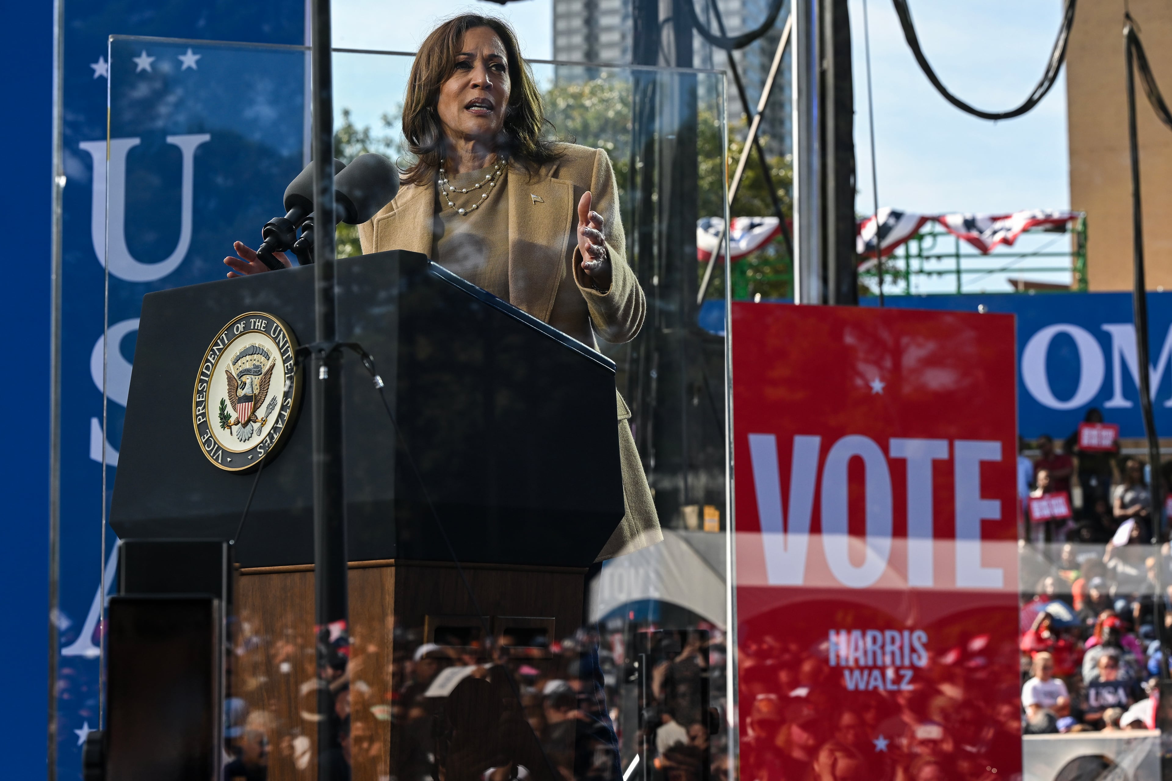 Then-Vice President Kamala Harris addresses a campaign rally in Atlanta on Nov. 2, 2024. Kamala Harris left Donald Trump's anti-transgender attack ads largely unanswered. Some Democrats call it political malpractice. (Kenny Holston/The New York Times)