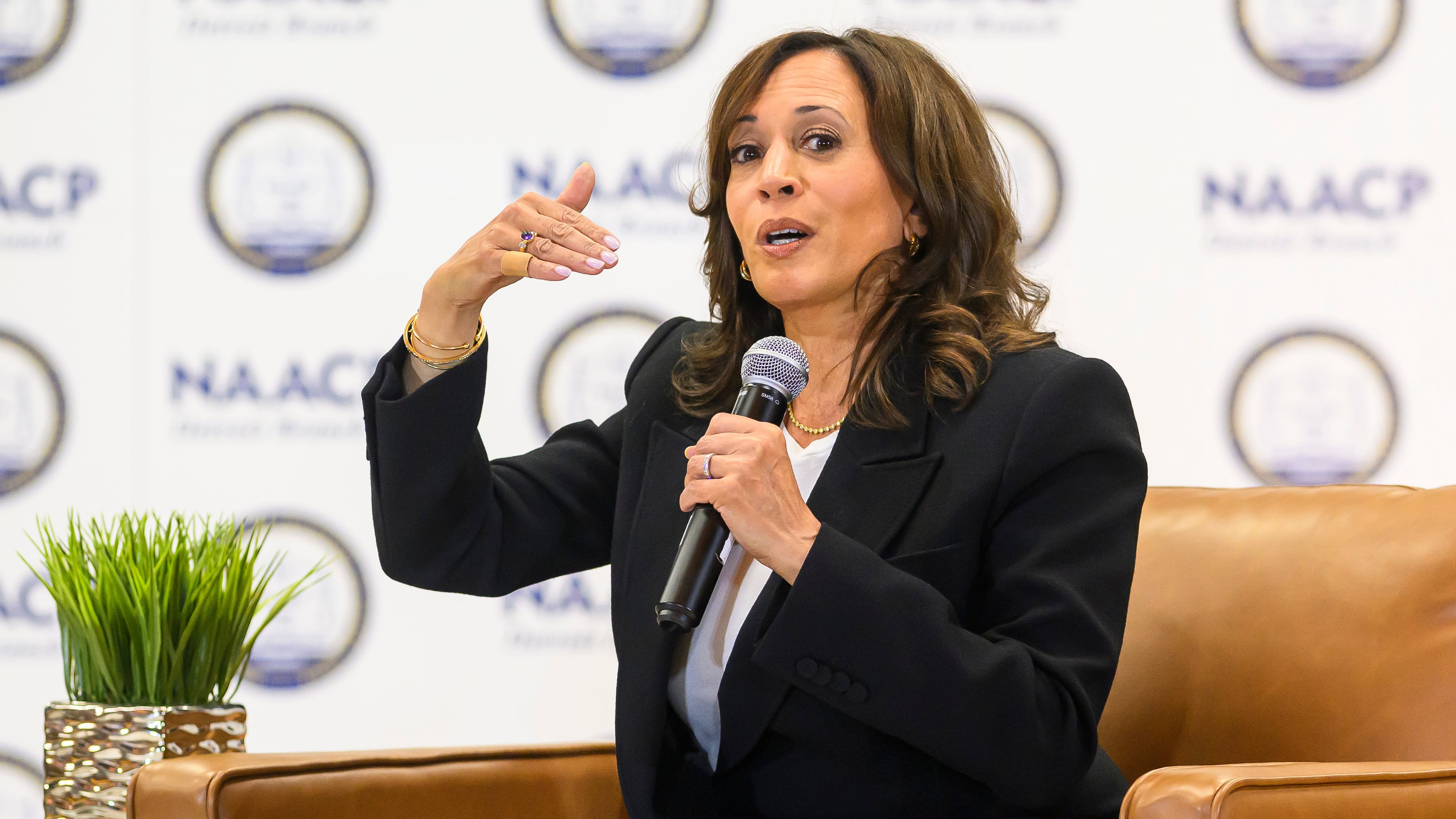 Former Vice President Kamala Harris speaks with the Rev. Wendell Anthony, President of the Detroit Branch of the NAACP, and the Rev. Genetta Y. Hatcher during a fireside chat on Tuesday, Sept. 22, 2026 at Fellowship Church in Detroit. (Katy Kildee/Detroit News via AP, Pool)