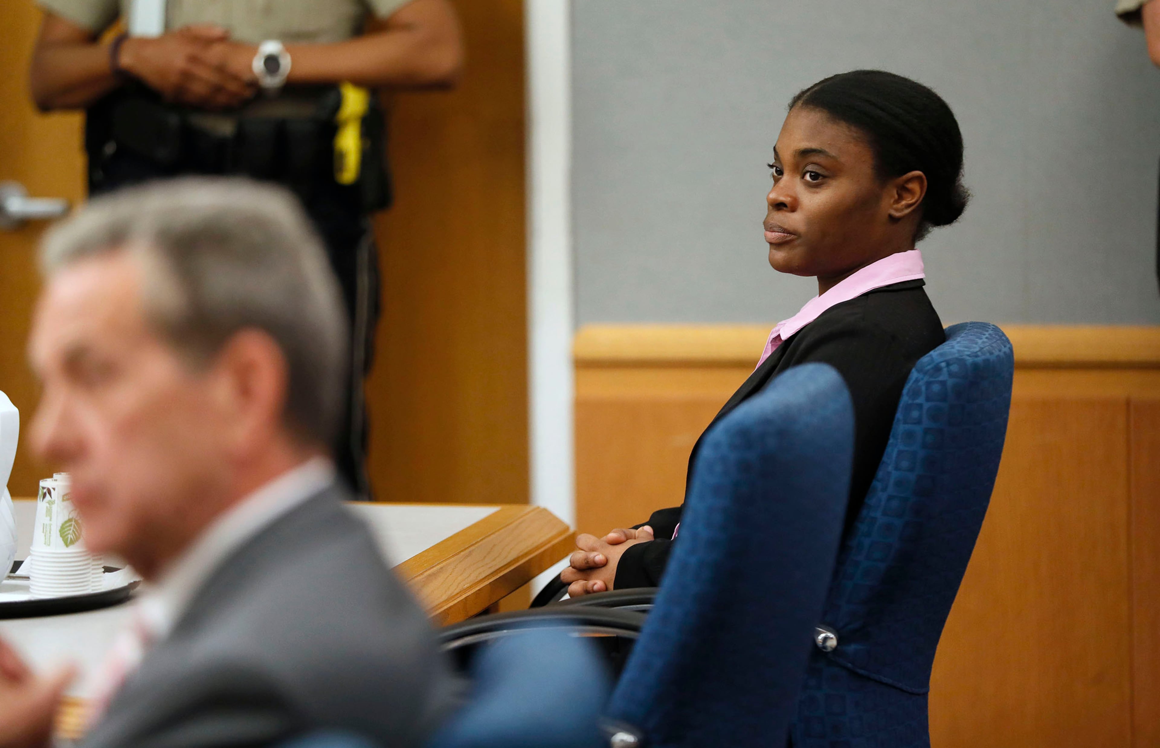 April 30, 2019 - Lawrenceville - Tiffany Moss watches as the jury is polled about the verdict. The jury in the Tiffany Moss murder trial today sentenced her to death after they found Moss, who is representing herself, guilty of intentionally starving her 10-year-old stepdaughter Emani to death in the fall of 2013, in addition to other charges. The prosecution is asking for the death penalty. Bob Andres / bandres@ajc.com