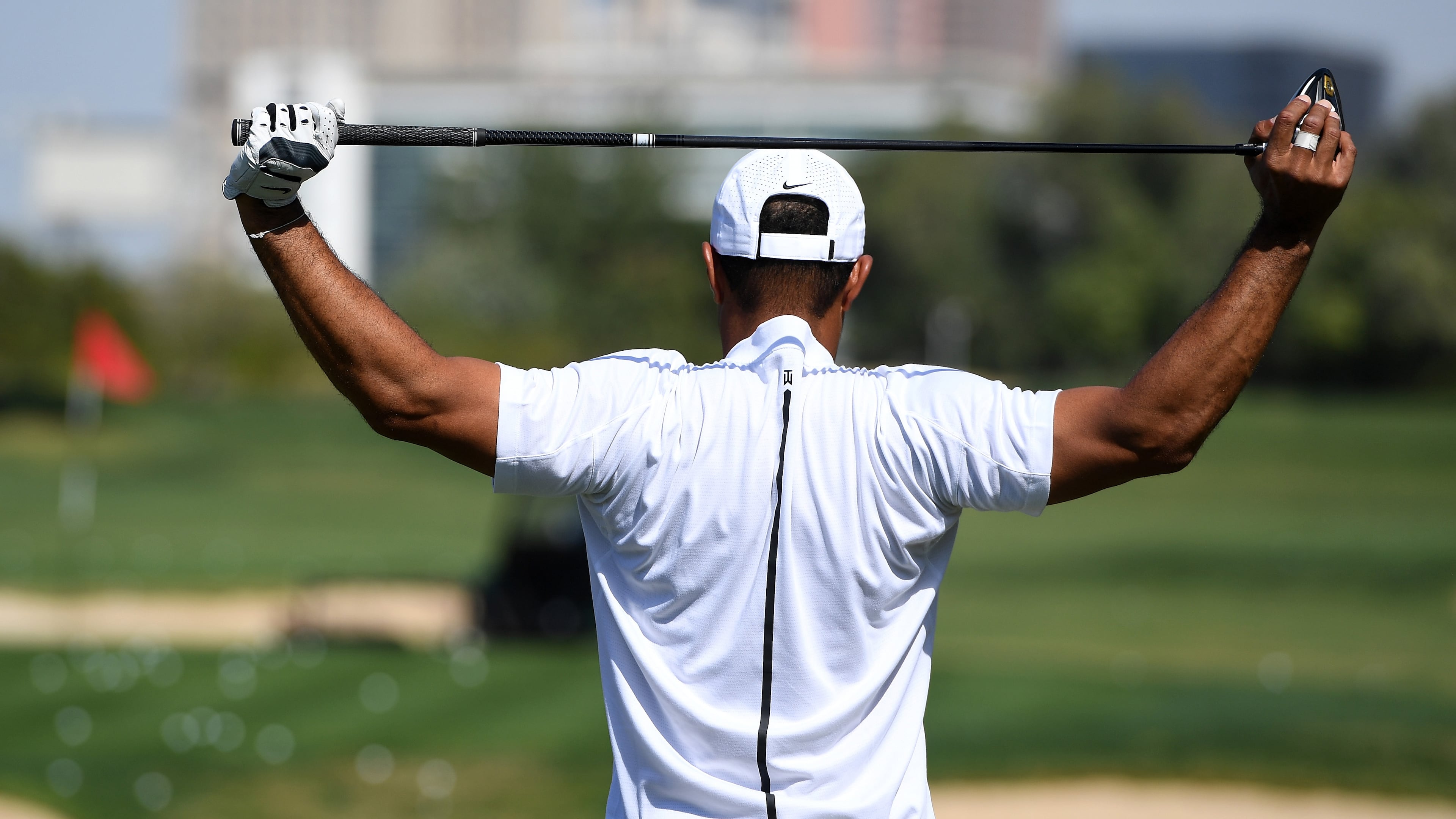 DUBAI, UNITED ARAB EMIRATES - JANUARY 31: 'Tigers back' Tiger Woods of the USA on the driving range prior to the Omega Dubai Desert Classic at Emirates Golf Club on January 31, 2017 in Dubai, United Arab Emirates. (Photo by Ross Kinnaird/Getty Images)