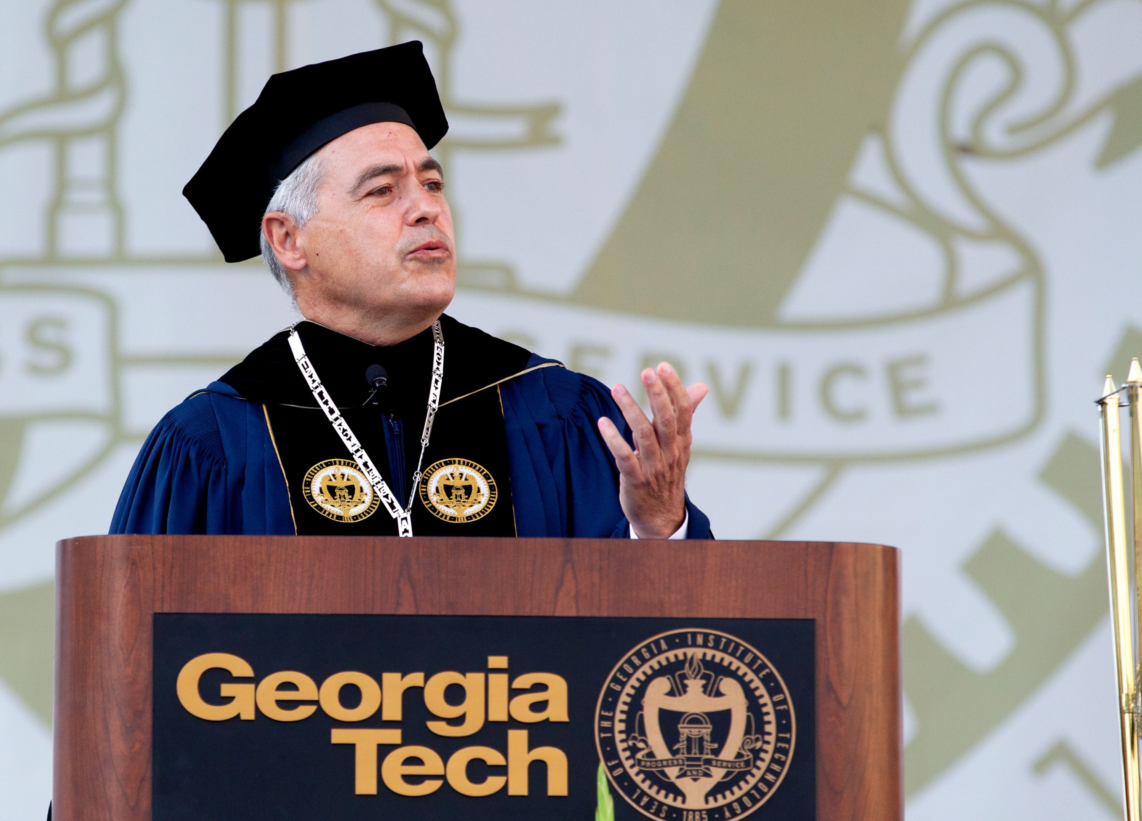 Georgia Tech President Ángel Cabrera speaks at the 2021 commencement ceremony at Bobby Dodd Stadium on Saturday, May 8, 2021. Two ceremonies were held Saturday for bachelor’s degree recipients, and master's and doctoral graduates' ceremonies were held Friday. (Photo: Steve Schaefer for The Atlanta Journal-Constitution)