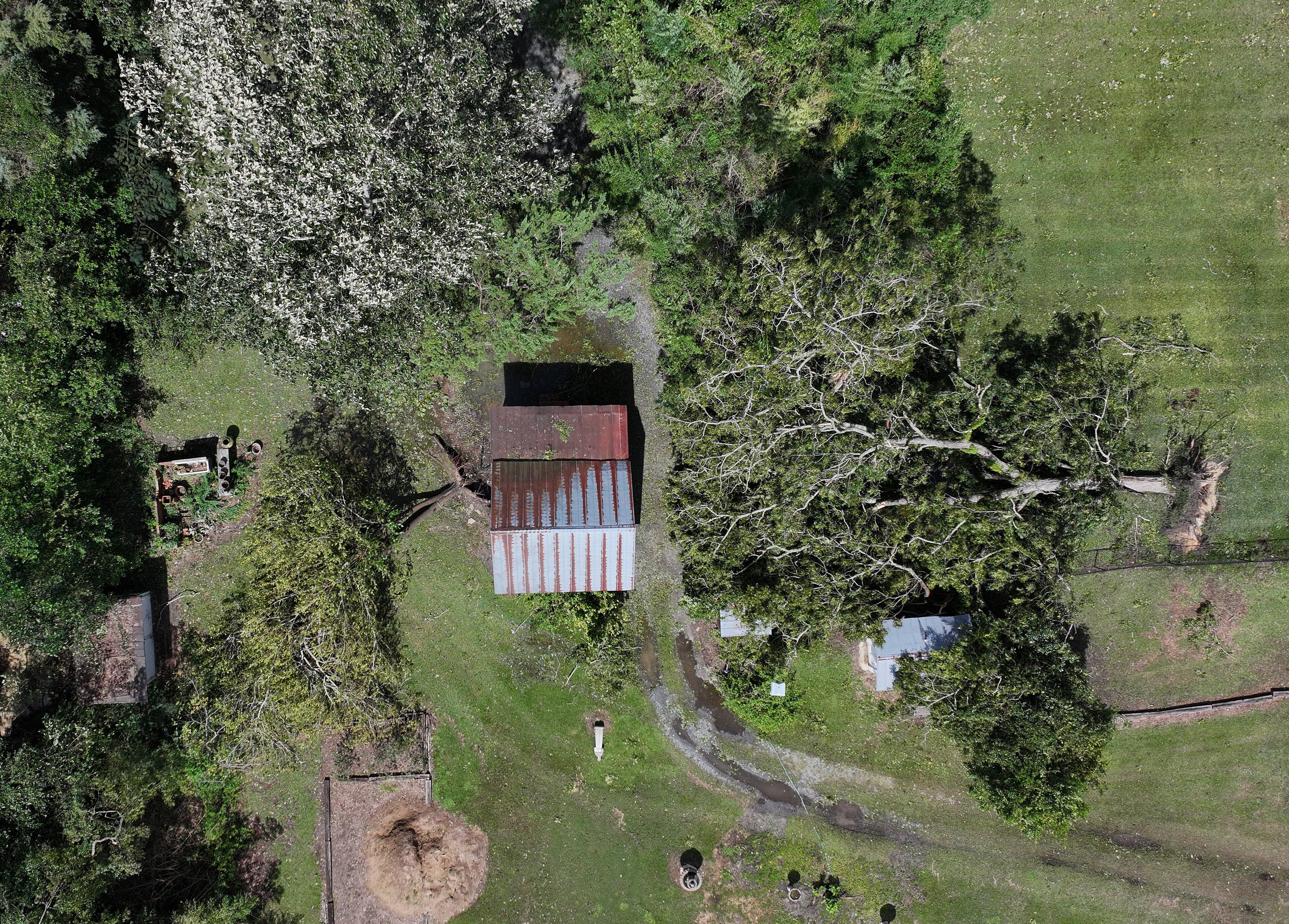Aerial photo shows damages caused by Hurricane Helene, Friday, September 27, 2024 in Dublin. Fast-moving Helene, which entered Georgia as a Category 2 hurricane Friday morning, continues its powerful march toward metro Atlanta. The storm, which made landfall as a Category 4 in Florida’s Big Bend region Thursday night with maximum sustained winds of 140 mph, continues to pack a dangerous punch and is responsible for at least three deaths in Georgia. Helene’s sustained winds are now at 70 mph, making it a tropical storm status, and it is quickly traveling north. (Hyosub Shin / AJC)