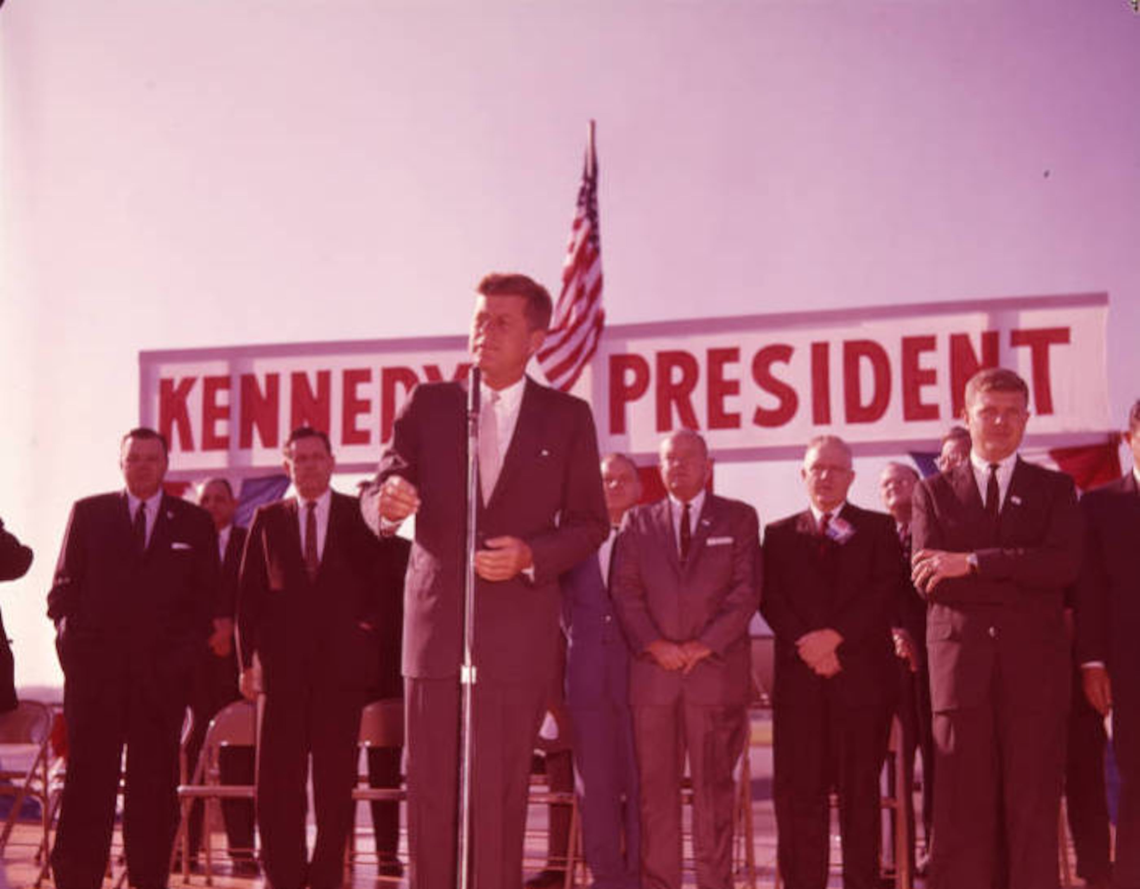 Presidential candidate John F. Kennedy speaks in Atlanta during the 1960 campaign. The colors in this image have shifted toward magenta, a typical problem in photos from this era. Photo: The Atlanta Journal-Constitution collection at Georgia State University.
