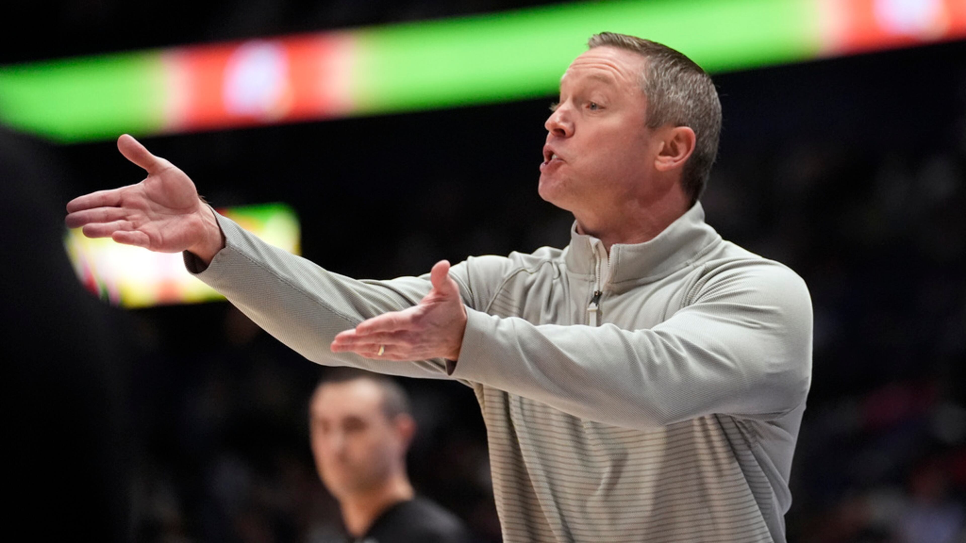 Georgia head coach Mike White reacts on the sideline during the first half of an NCAA college basketball game against Missouri at the Sotheastern Conference tournament Wednesday, March 13, 2024, in Nashville, Tenn. (AP Photo/John Bazemore)