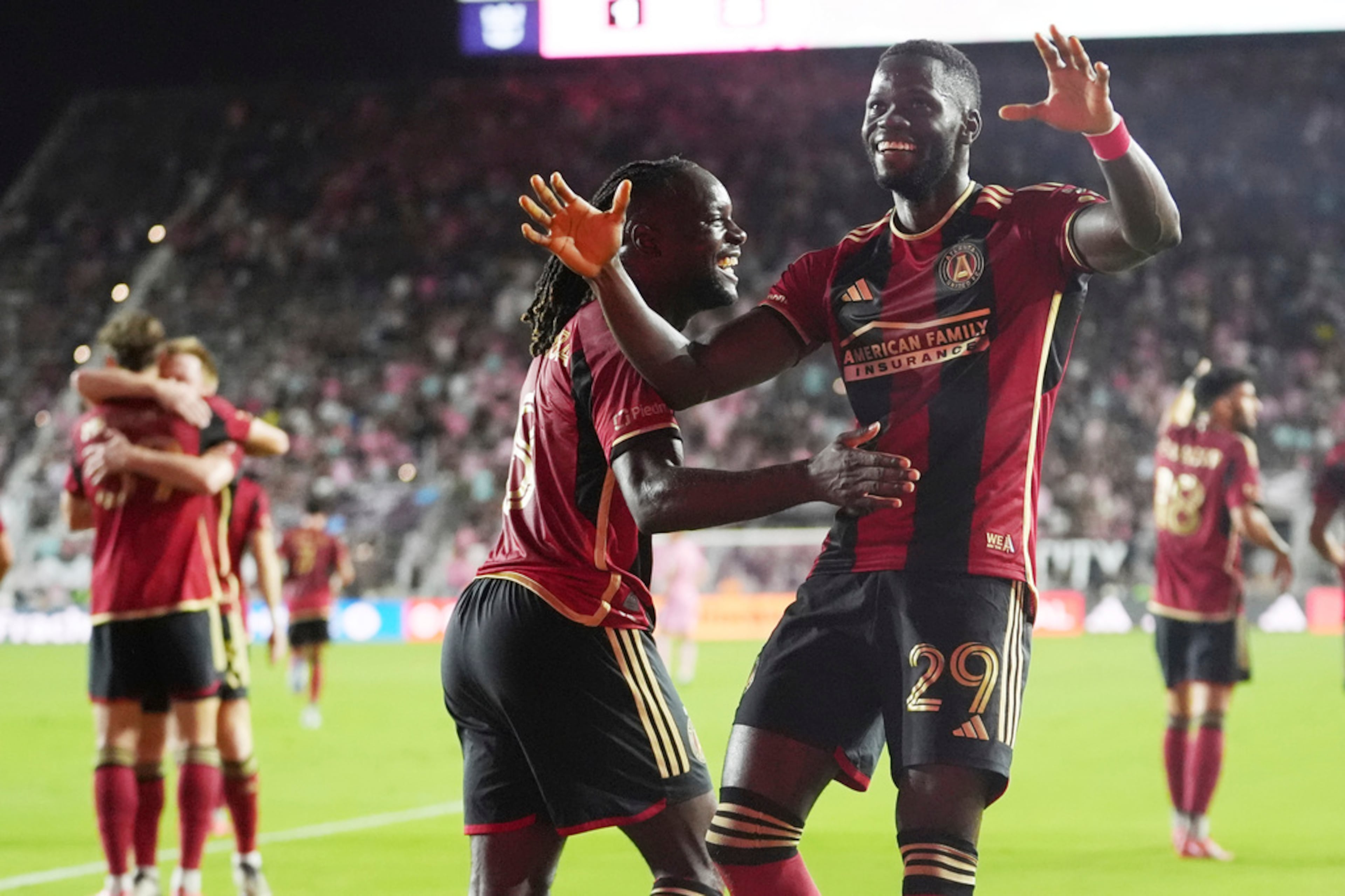 Atlanta United forward Jamal Thiaré (29) celebrates his goal during the first half of their MLS playoff opening round soccer match against Inter Miami, Saturday, Nov. 9, 2024, in Fort Lauderdale, Fla. Atlanta United won the match 3-2 and won the series 2-1. (AP Photo/Lynne Sladky)