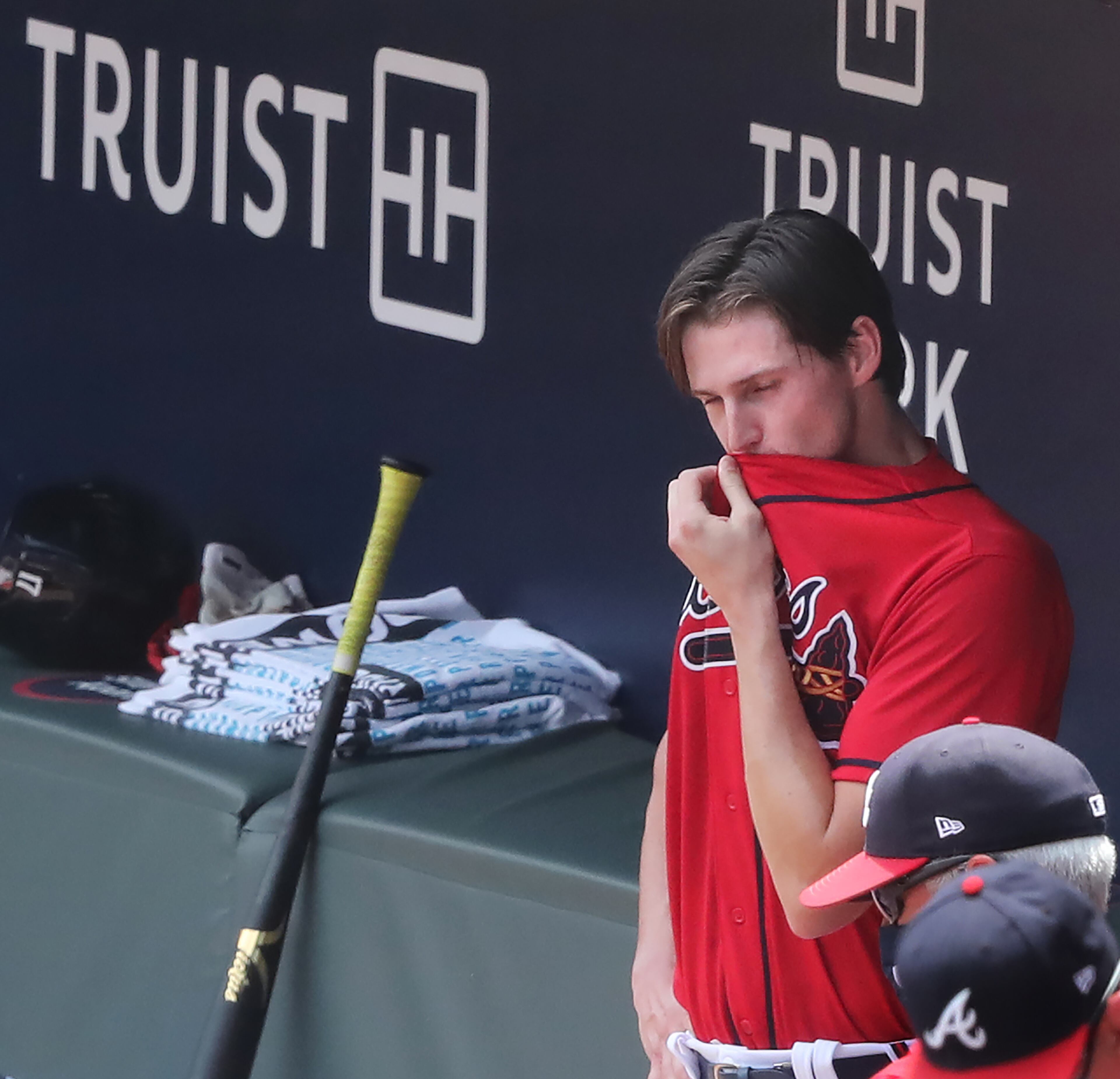 Braves starting pitcher Kyle Wright watches from the dugout after he was pulled in the fourth inning against the New York Mets Sunday, Aug. 2, 2020, at Truist Park in Atlanta.