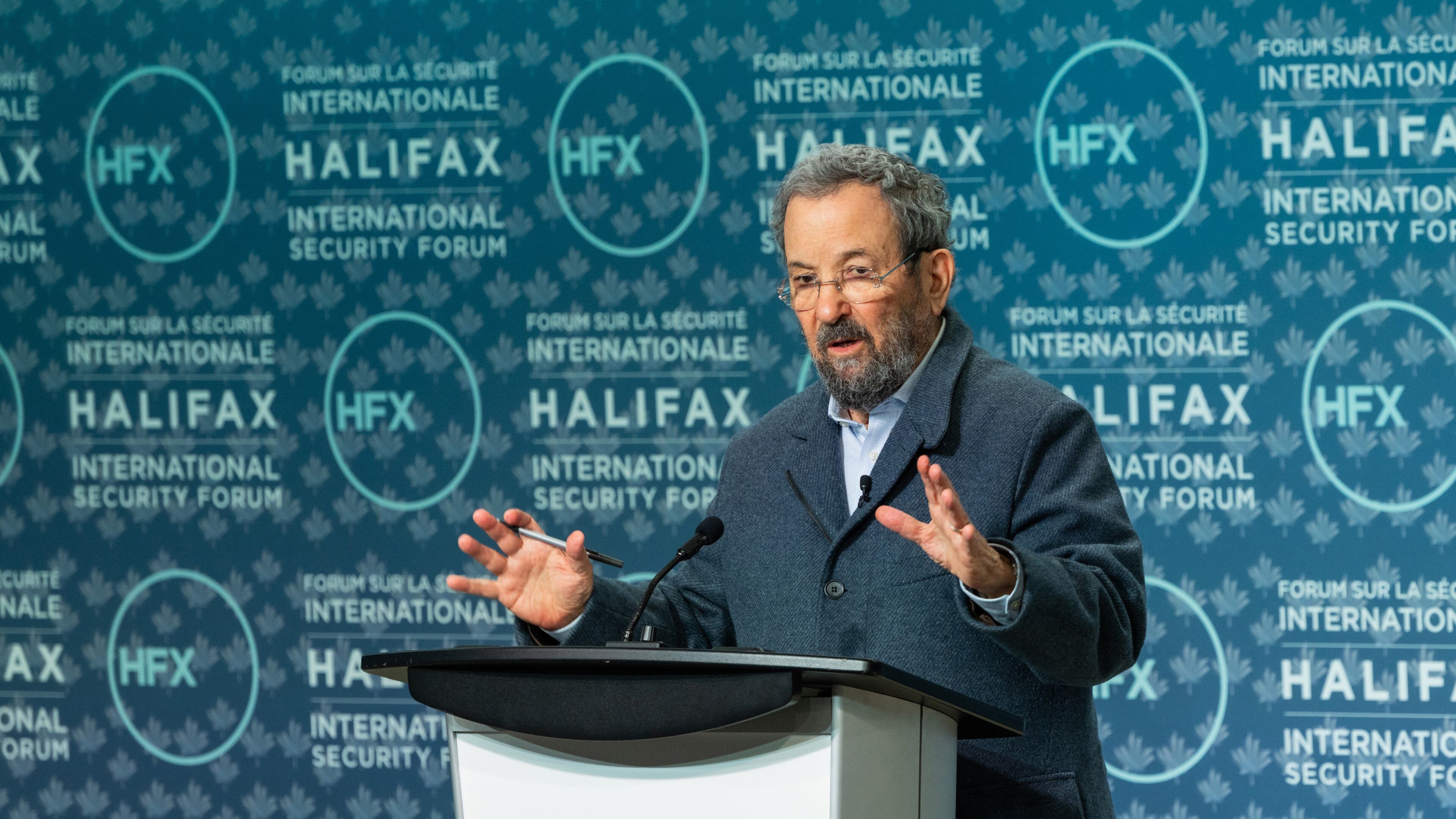 FILE - Former Israeli Prime Minister Ehud Barak speaks at the Halifax International Security Forum, Saturday, Nov. 22, 2025. (Kelly Clark/The Canadian Press via AP, File)