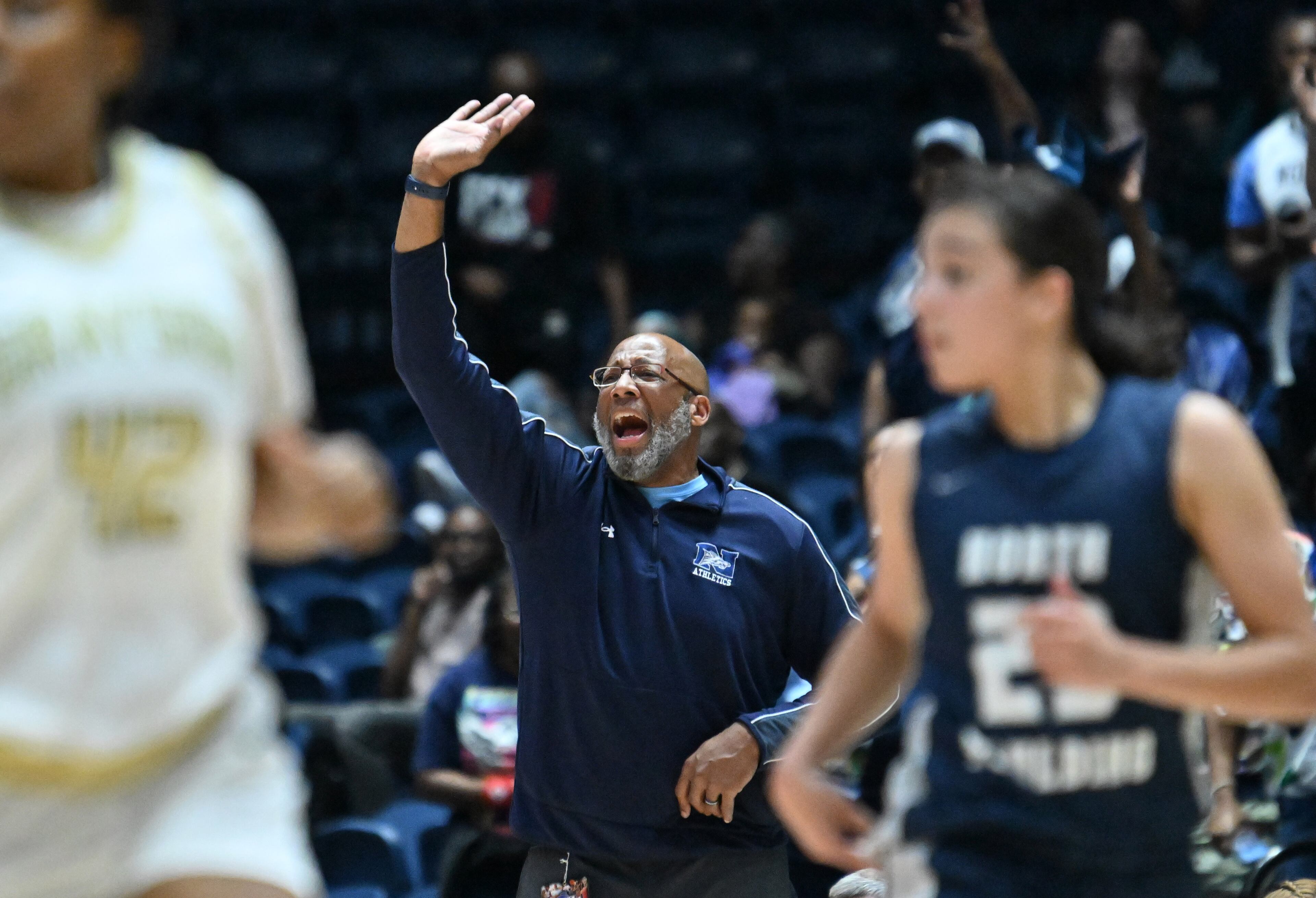 North Paulding head coach Wes Willis shouts instructions during the second half in Class 6A Girls GHSA State Championship at the Macon Coliseum, Saturday, March 14, 2026, in Macon. North Paulding won 64-58 over Grayson. (Hyosub Shin/AJC)