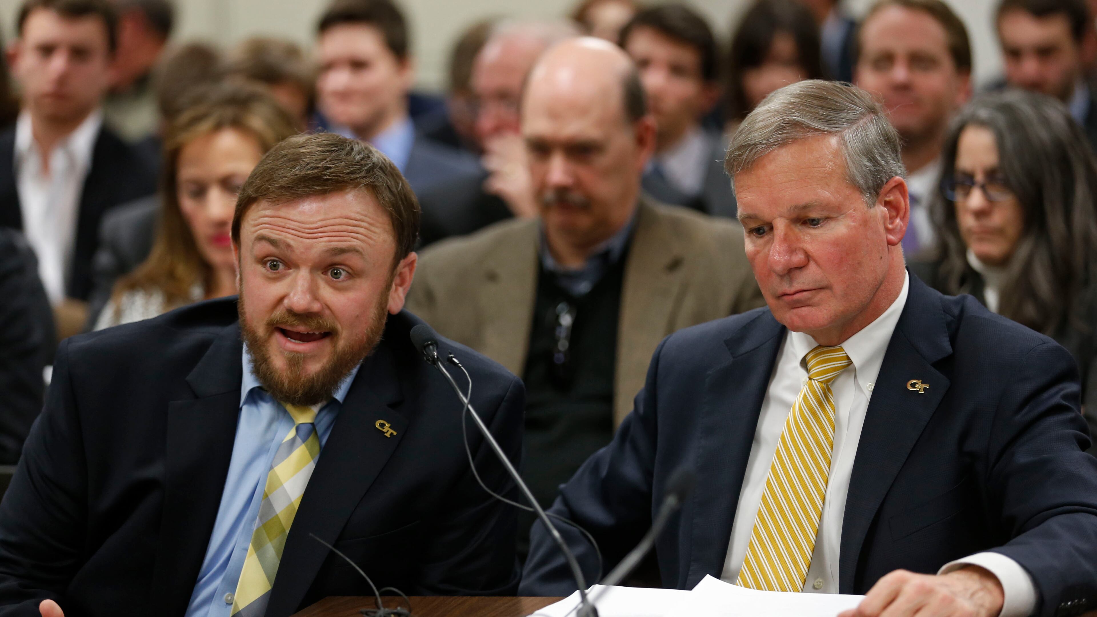 Peter Paquette, assistant dean of students at Georgia Tech (left), and President Bud Peterson were among the witnesses at a committee meeting hearing, called by state Rep. Earl Ehrhart, R-Powder Springs, to review due process policies at Georgia universities. Bob Andres, bandres@ajc.com