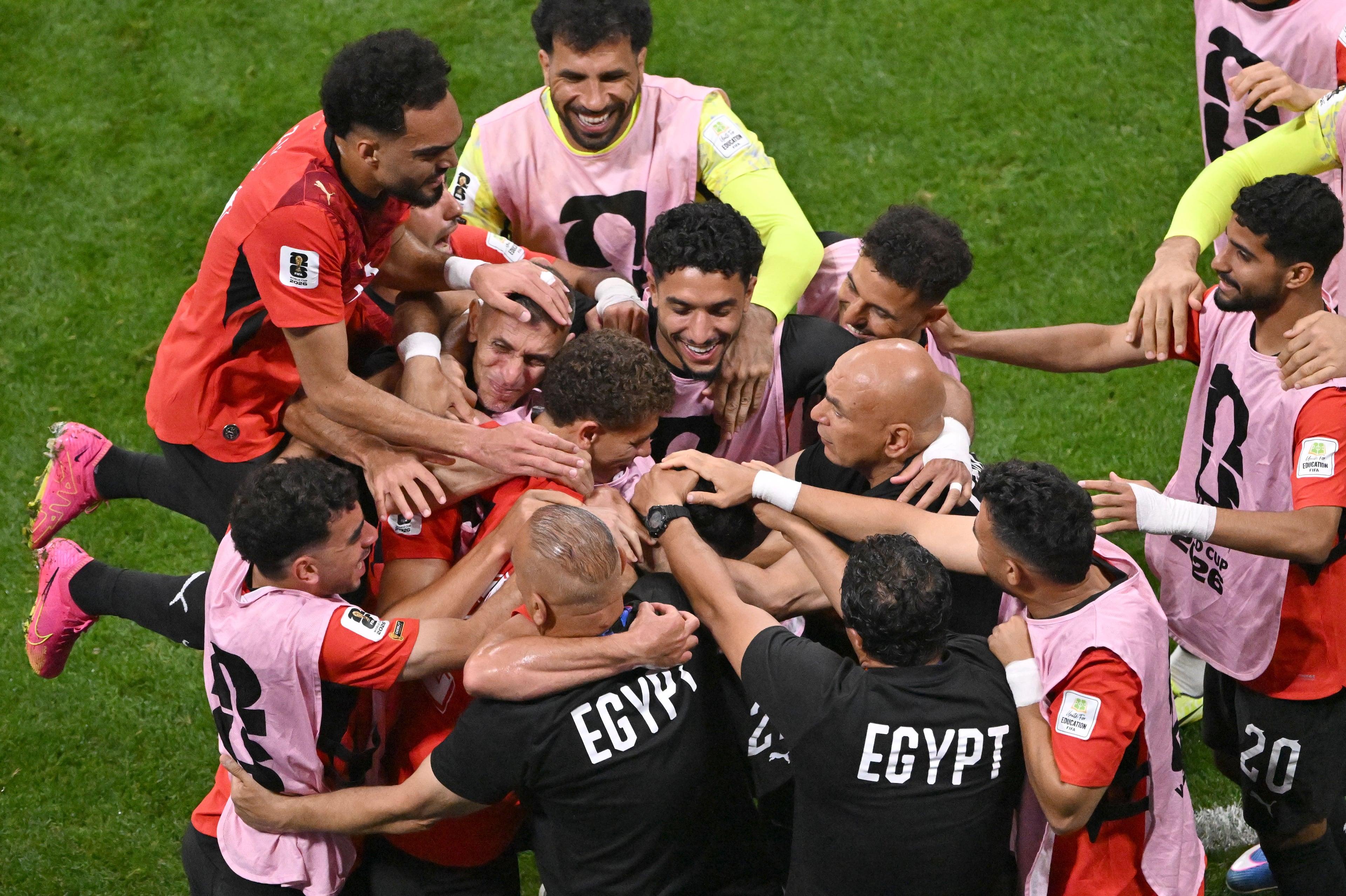 Egypt defender Yasser Ibrahim (center) celebrates with teammates after scoring a goal during the first half of the Argentina vs. Egypt FIFA World Cup game on Tuesday, July 7, 2026, in Atlanta. (Hyosub Shin/AJC)
