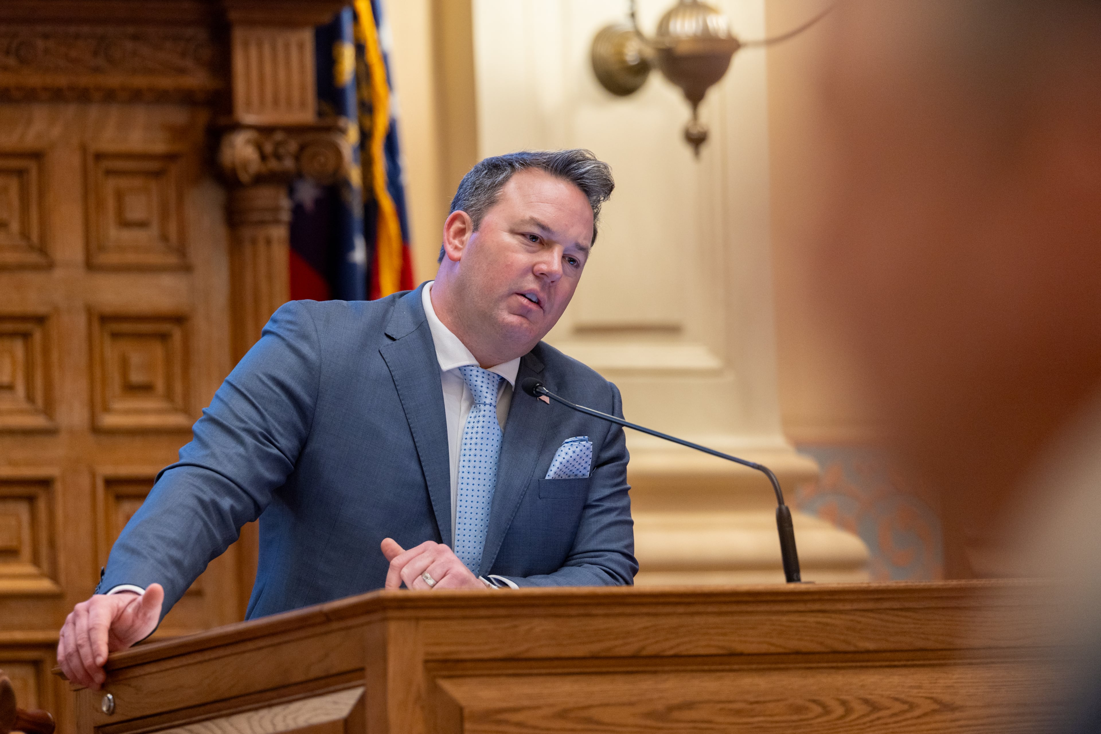 Lt. Gov. Burt Jones, pictured in the state Senate on Monday, is a Republican candidate for governor. (Arvin Temkar/AJC)