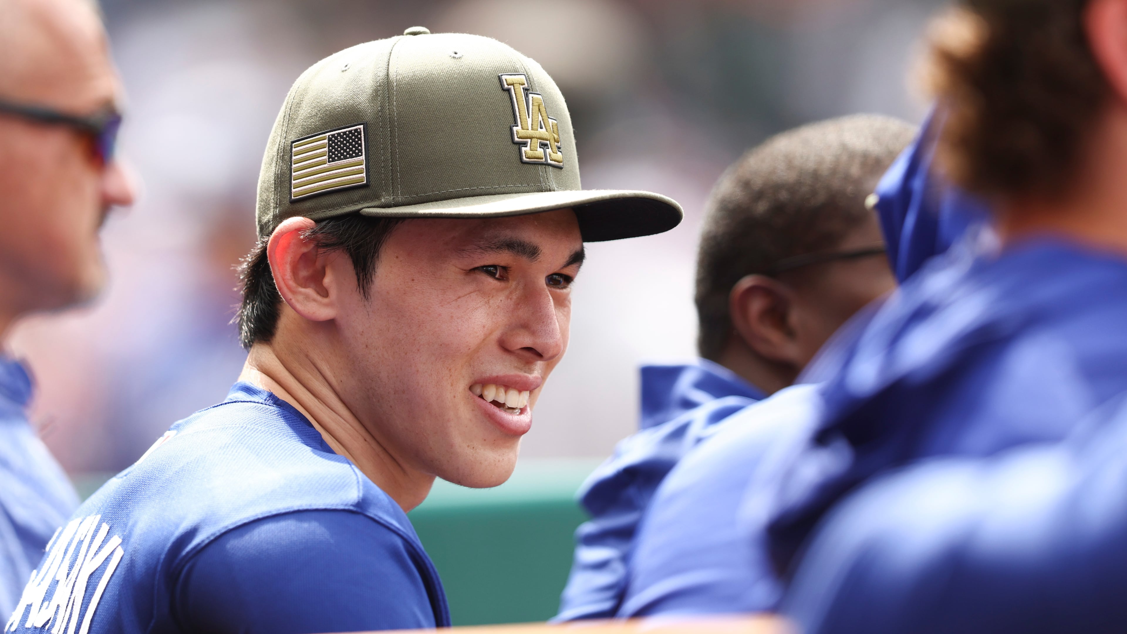 Los Angeles Dodgers pitcher Roki Sasaki reacts in the dugout during the eighth inning of a baseball game against the Los Angeles Angels, Sunday, May 17, 2026, in Anaheim, Calif. (AP Photo/Jessie Alcheh)