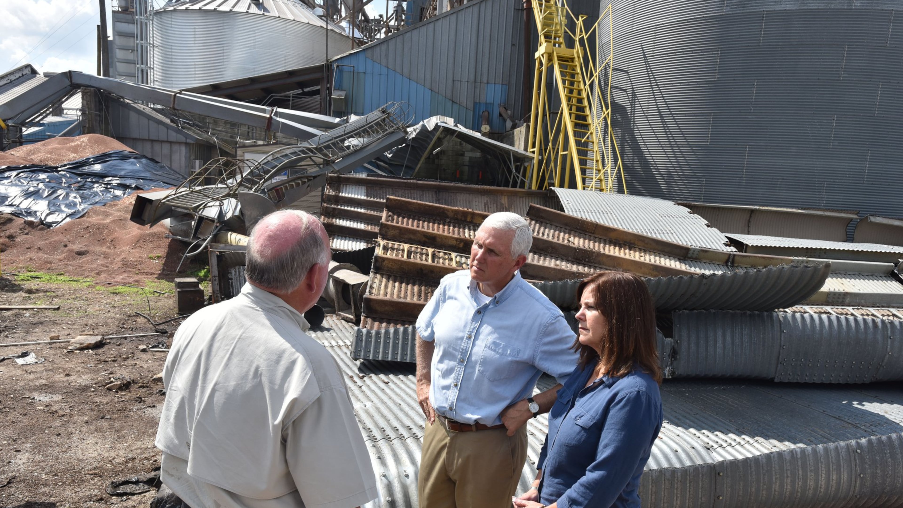 Vice President Mike Pence meets employees at Flint River Mills in Bainbridge on Oct. 16, six days after Hurricane Michael struck the area. Federal recovery funds have been approved for the region, but that only started what could be a lengthy process to get the money in the hands of farmers and others who were hammered by the storm. HYOSUB SHIN / HSHIN@AJC.COM