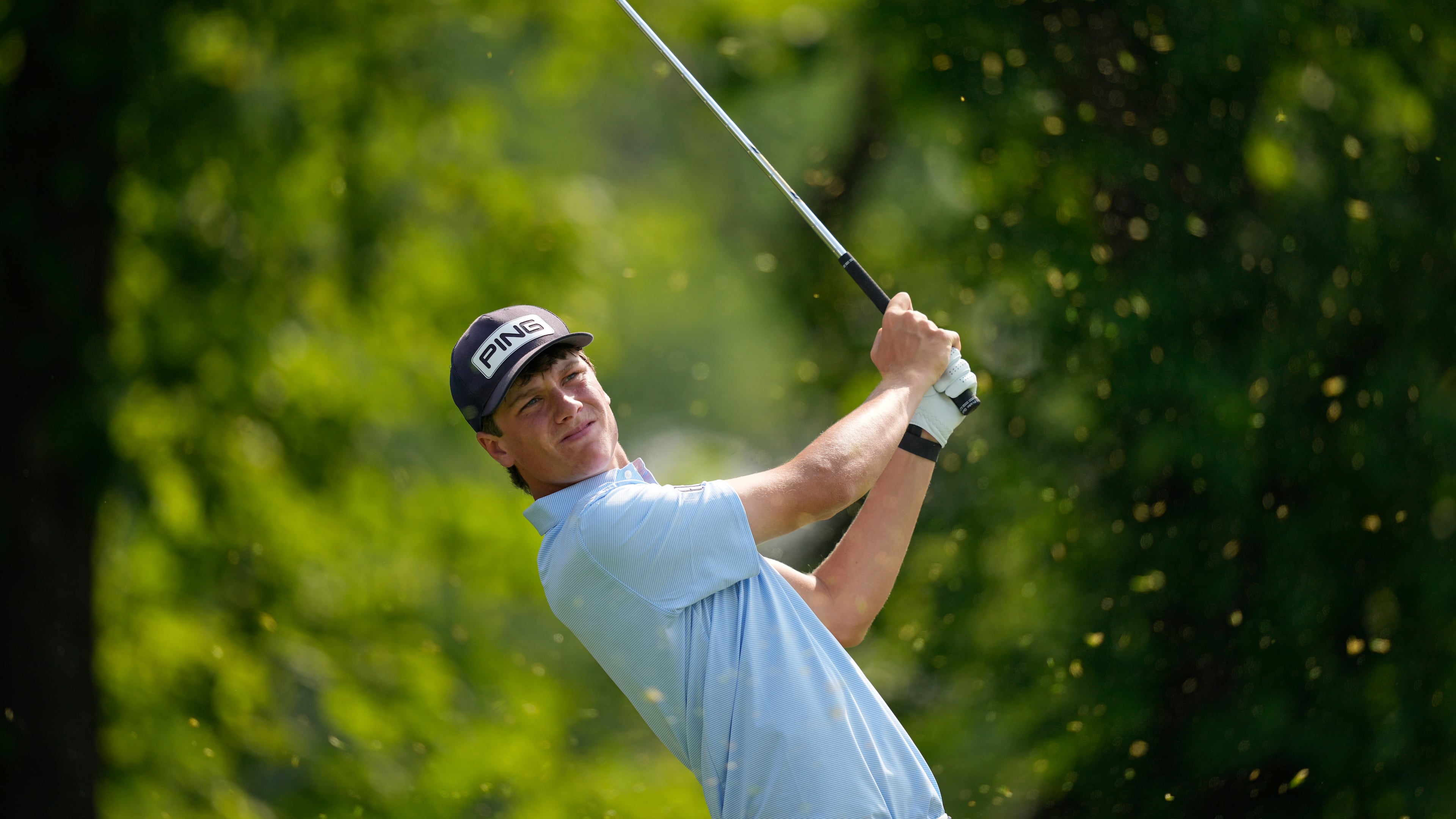 Mason Howell tees off on the 13th hole during the first round of the U.S. Open golf tournament at Oakmont Country Club Thursday, June 12, 2025, in Oakmont, Pa. (AP Photo/Carolyn Kaster)