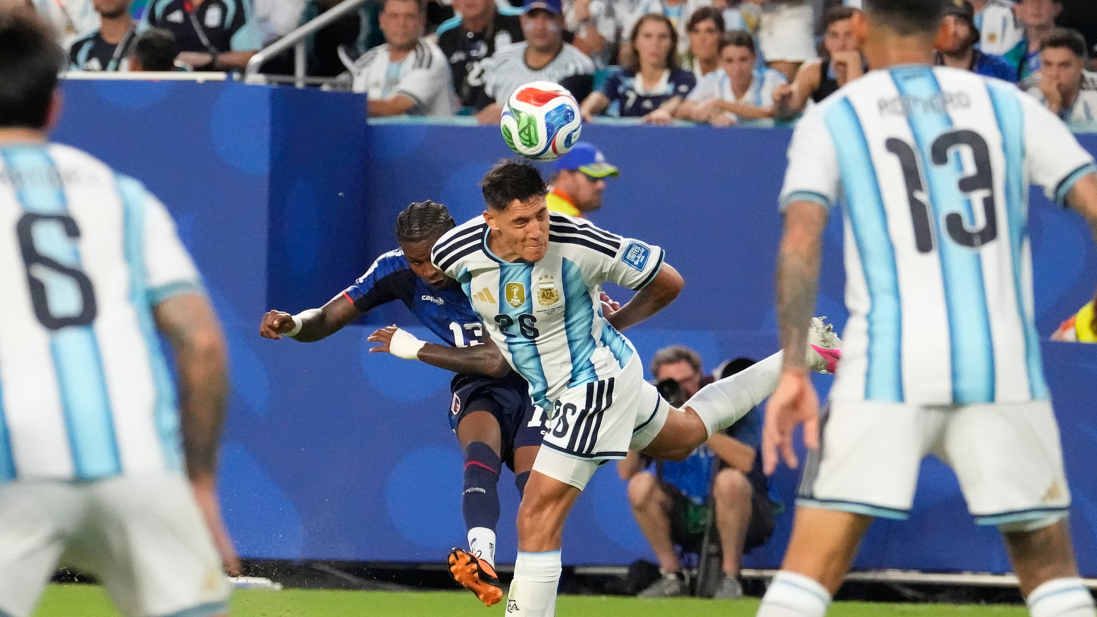 Cape Verde's Sidny Lopes Cabral (13) shoots and scores a goal past Argentina's Nahuel Molina (26) during the World Cup round of 32 soccer match between Argentina and Cape Verde in Miami Gardens, Fla., Friday, July 3, 2026. (AP Photo/Chris Carlson)