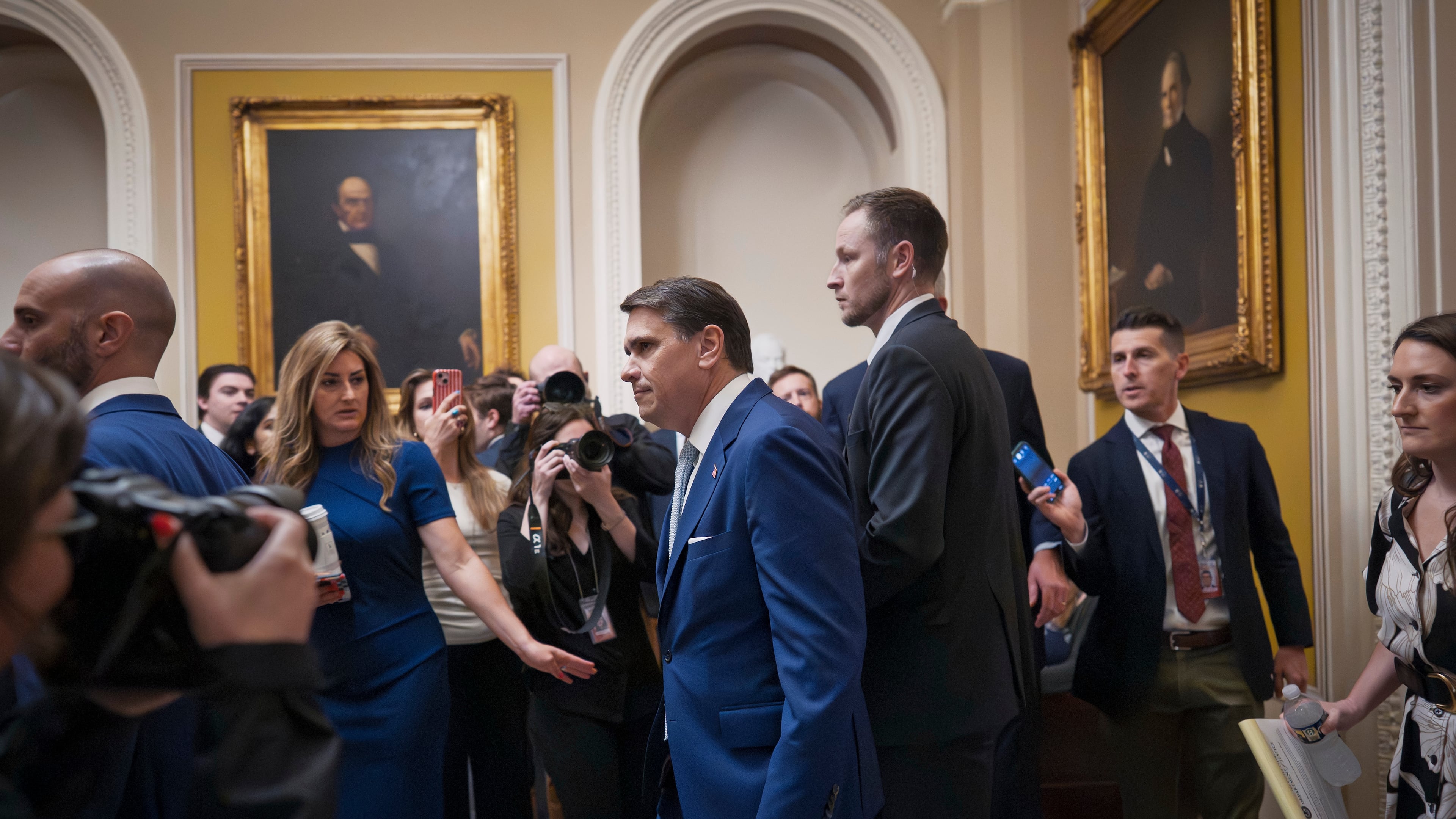 Acting Attorney General Todd Blanche arrives for a closed-door meeting with Republican senators who are expected to abandon a proposal for $1 billion in security money for the White House complex and President Donald Trump's ballroom after it has failed to win enough party support, at the Capitol in Washington, Thursday, May 21, 2026. (AP Photo/J. Scott Applewhite)
