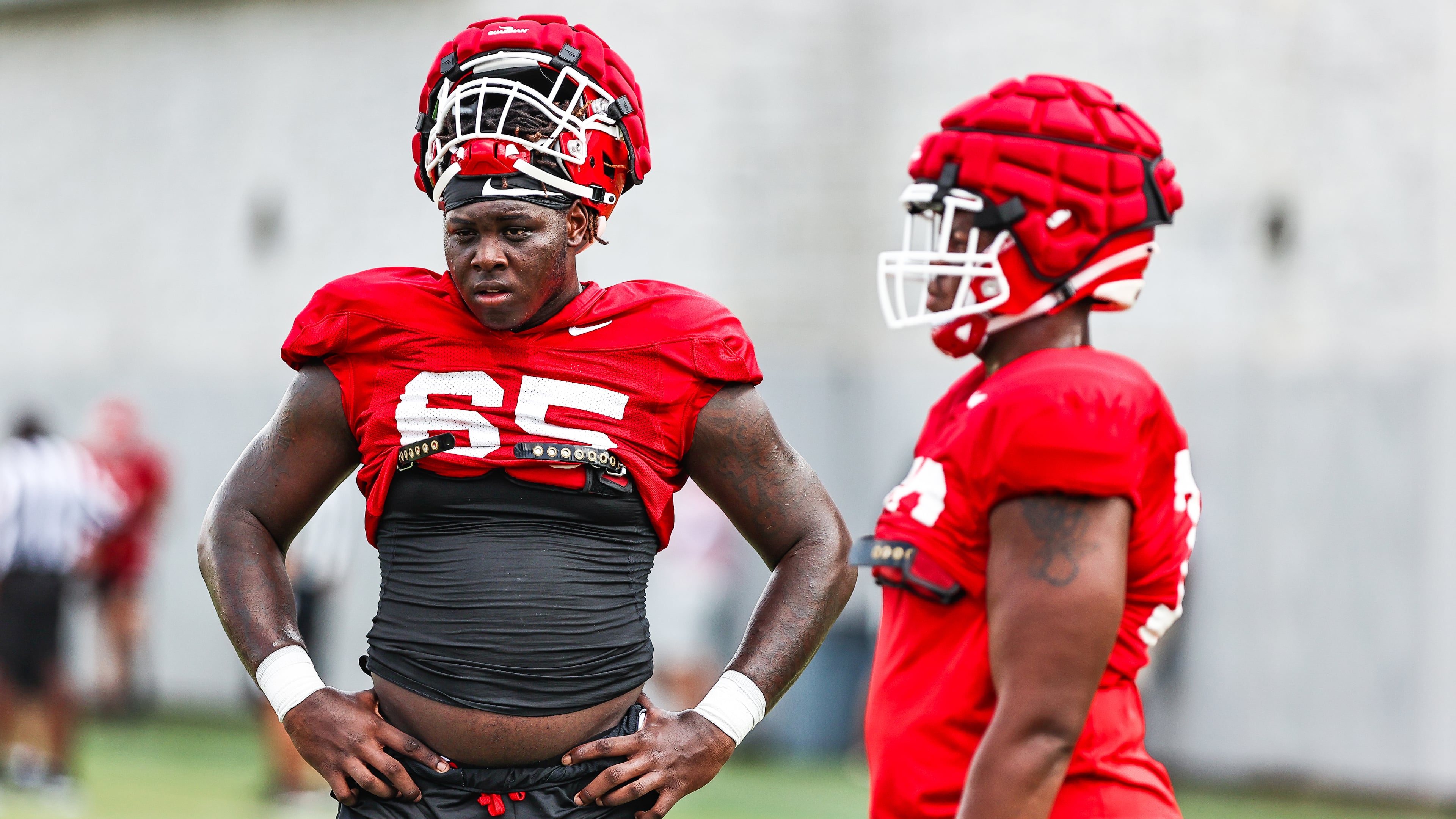 Georgia offensive lineman Amarius Mims (65) during the Bulldogs’ practice Tuesday, Aug. 24, 2021, in Athens. (Tony Walsh/UGA)
