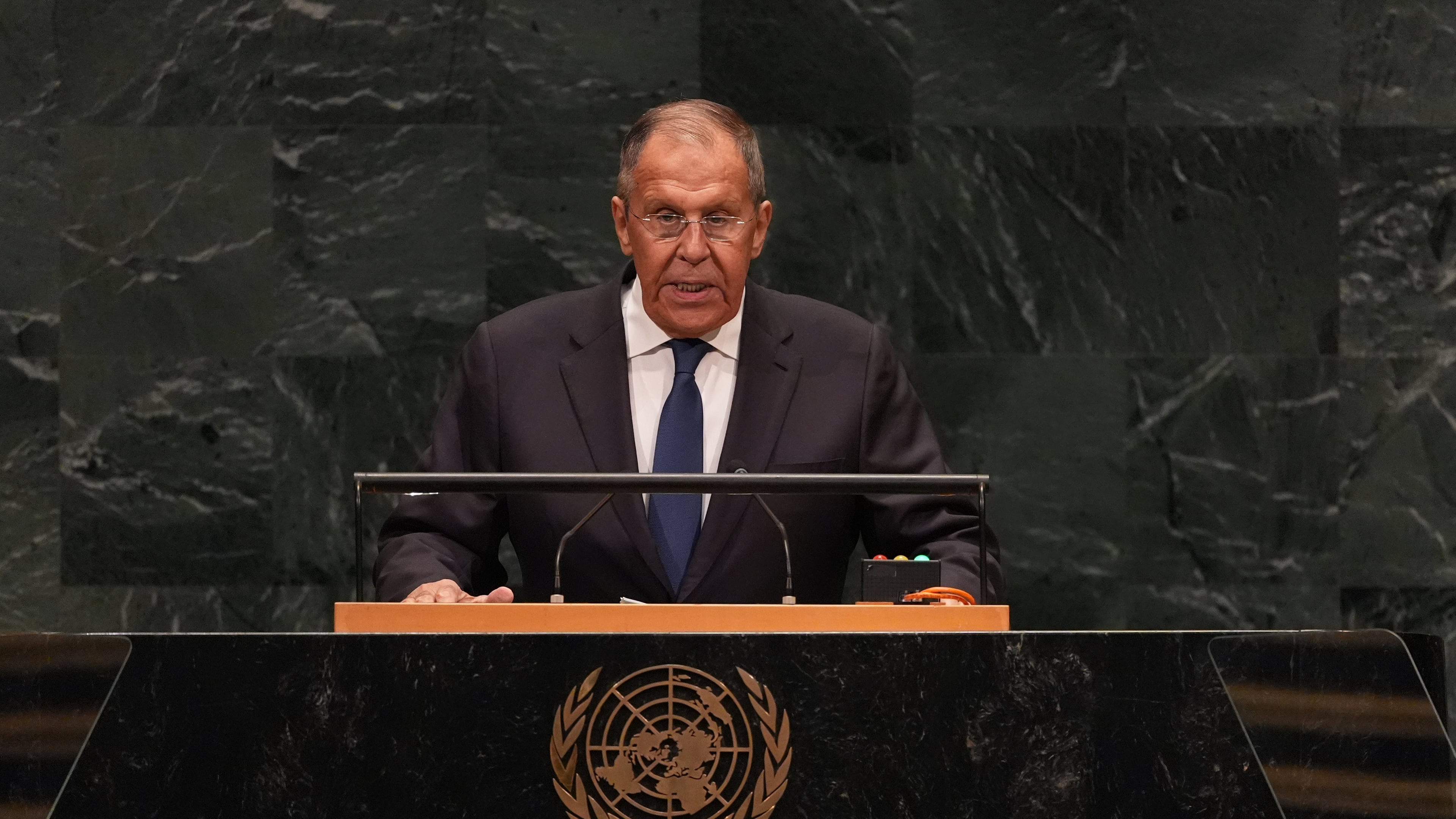Foreign Minister Sergey Lavrov of Russia speaks during the 81st session of the United Nations General Assembly at United Nations headquarters, Saturday, Sept. 26, 2026. (AP Photo/Heather Khalifa)