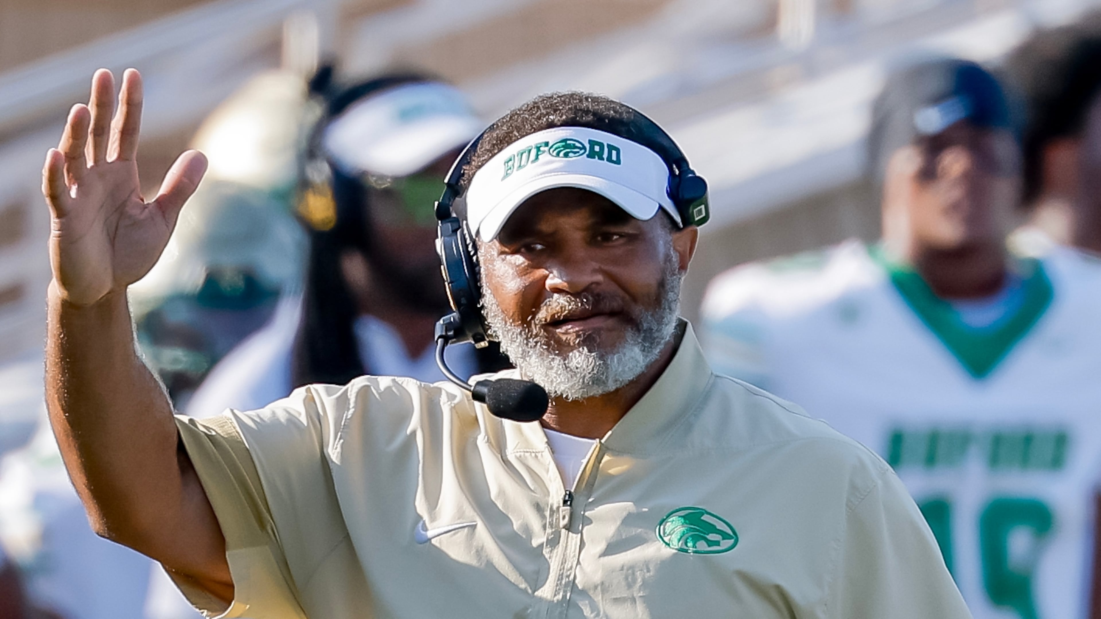 Buford coach Bryant Appling reacts during the first half of his team's opening game against Gainesville. Buford won the game 38-19, but the victory might not have the value in the GHSA's PSR rankings that it should. Gainesville, a top-10 team in Class 6A, is 0-2 - with two losses against top-50 national programs. (Erik S. Lesser for the AJC)