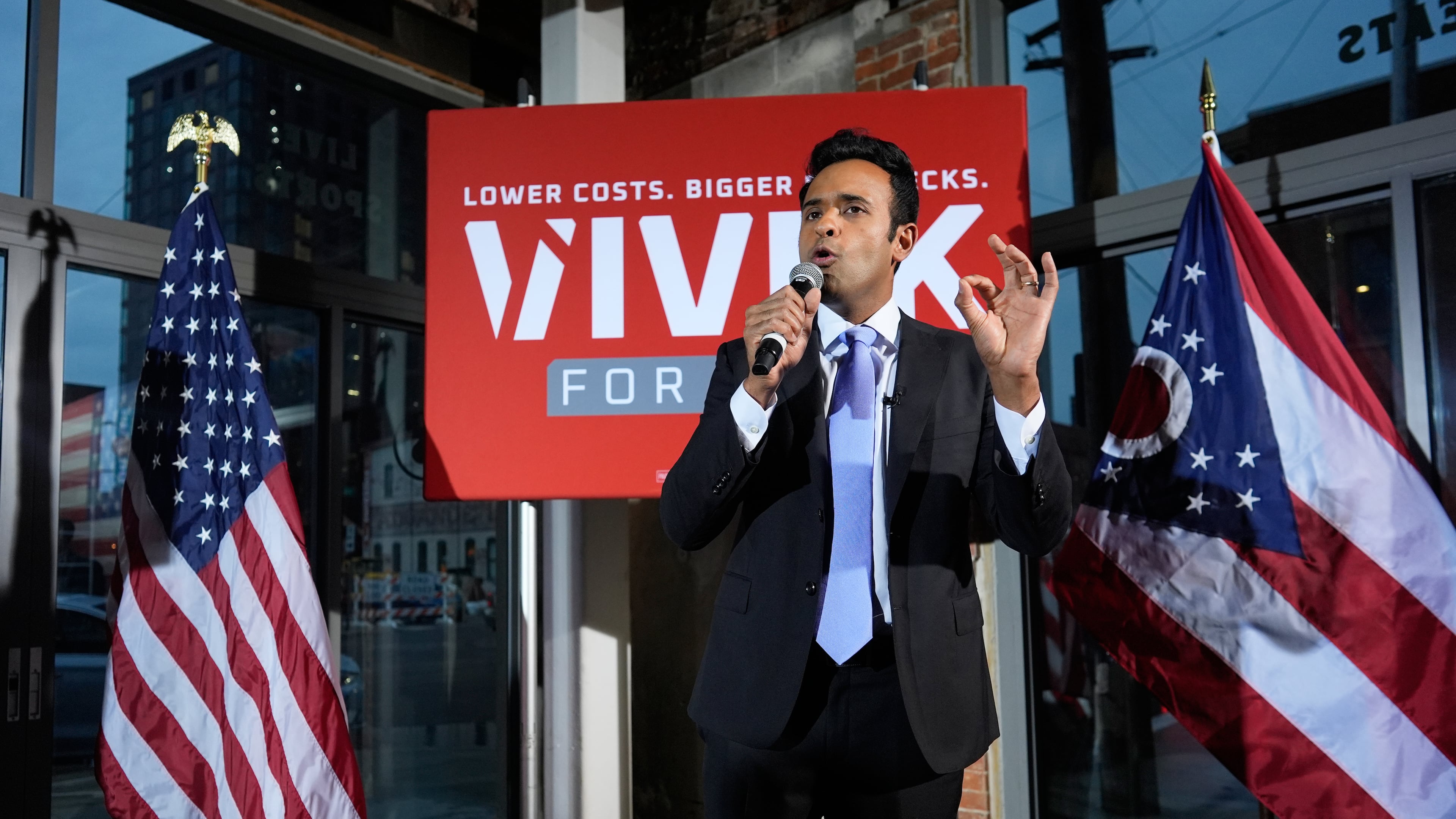 Republican Ohio gubernatorial candidate Vivek speaks during a watch party at the Spruce St. Sporting sports bar after winning the party's nomination for governor Tuesday, May 5, 2026, in Columbus. (AP Photo/Carolyn Kaster)