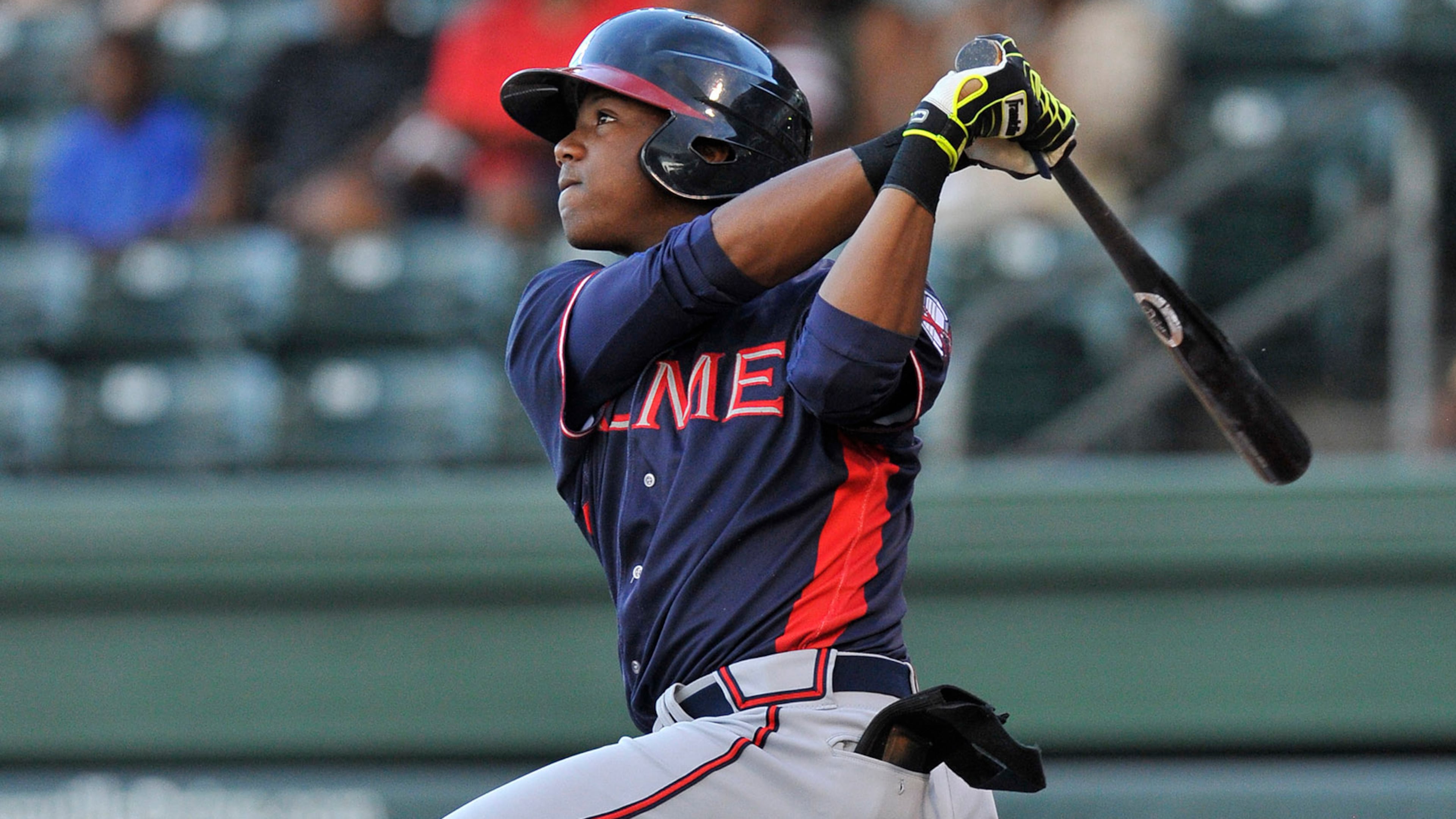 Center fielder Ronald Acuna (24) of the Rome Braves bats in a game against the Greenville Drive on Wednesday, August 31, 2016, at Fluor Field at the West End in Greenville, South Carolina. Rome won, 9-1. (Tom Priddy/Four Seam Images via AP Images)