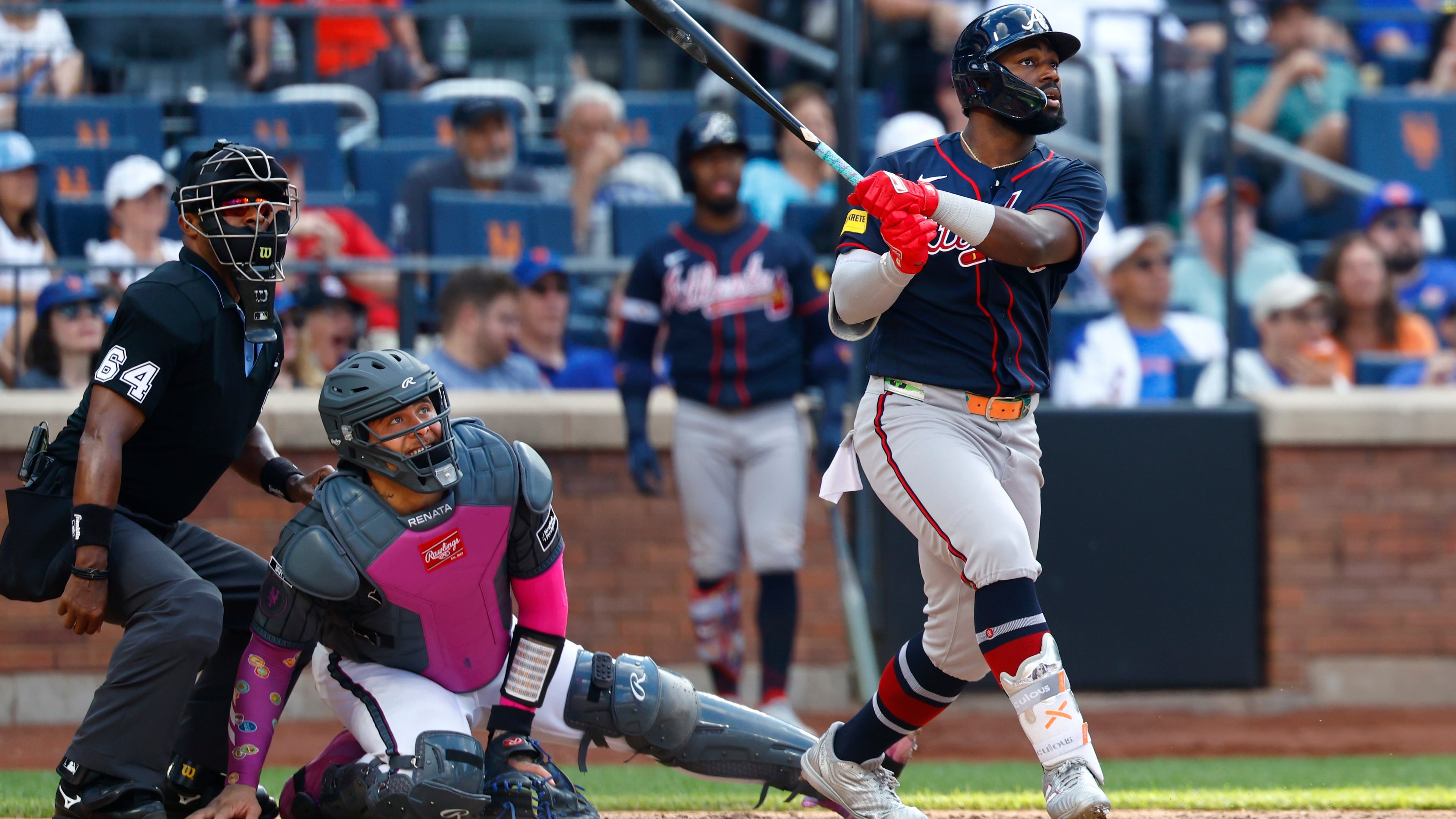 Atlanta Braves' Michael Harris II follows through on a home run during the eighth inning of a baseball game against the New York Mets, Saturday, June 13, 2026, in New York. (AP Photo/Noah K. Murray)