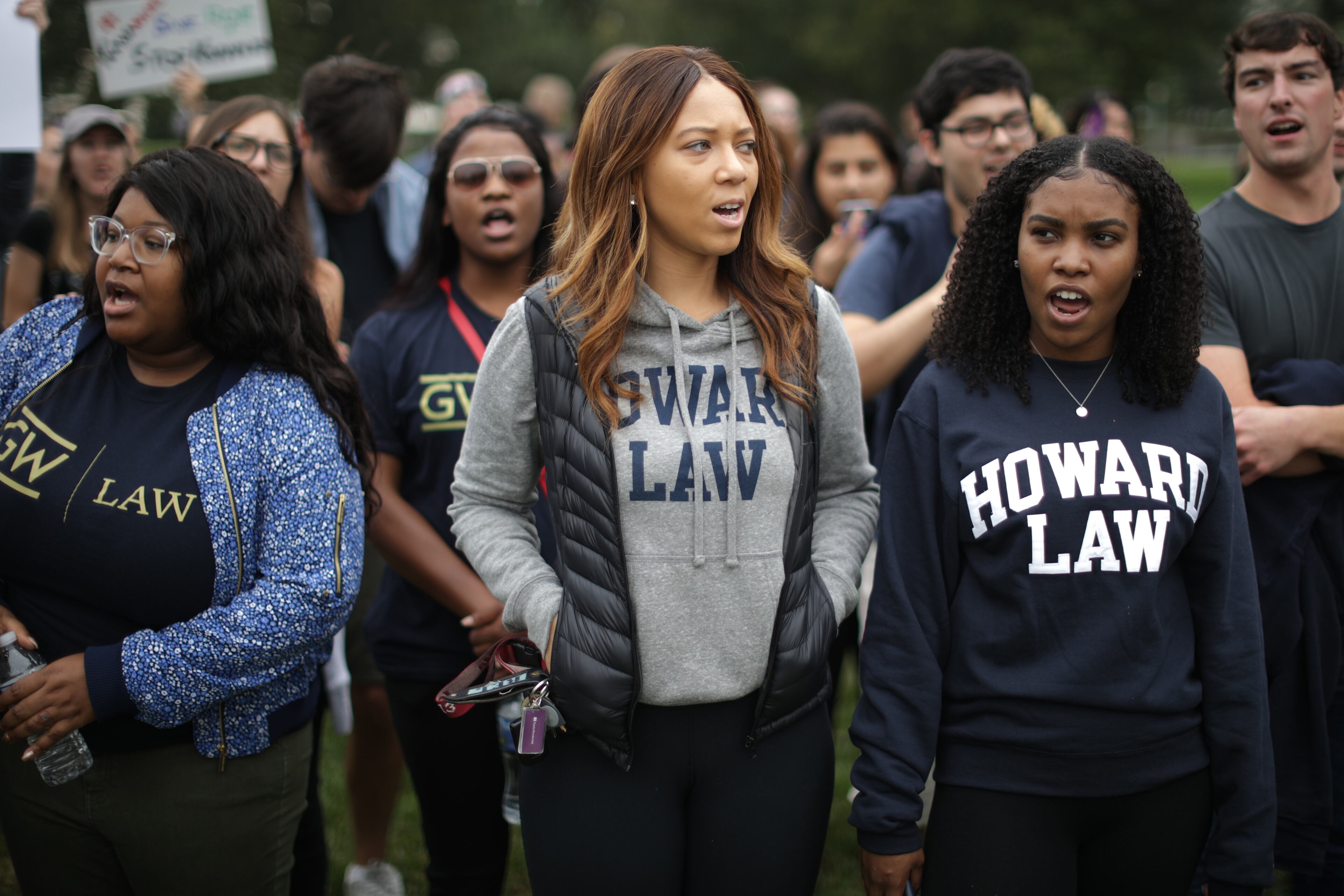 WASHINGTON, DC - OCTOBER 06: Demonstrators from Washington-area law schools -- including Georgetown, George Washington, Howard, The District of Columbia and Catholic universities -- march on the U.S. Capitol East Lawn to protest against the confirmation of Supreme Court nominee Judge Brett Kavanaugh October 06, 2018 in Washington, DC. The Senate is scheduled to vote on Kavanaugh's confirmation later in the day. (Photo by Chip Somodevilla/Getty Images)