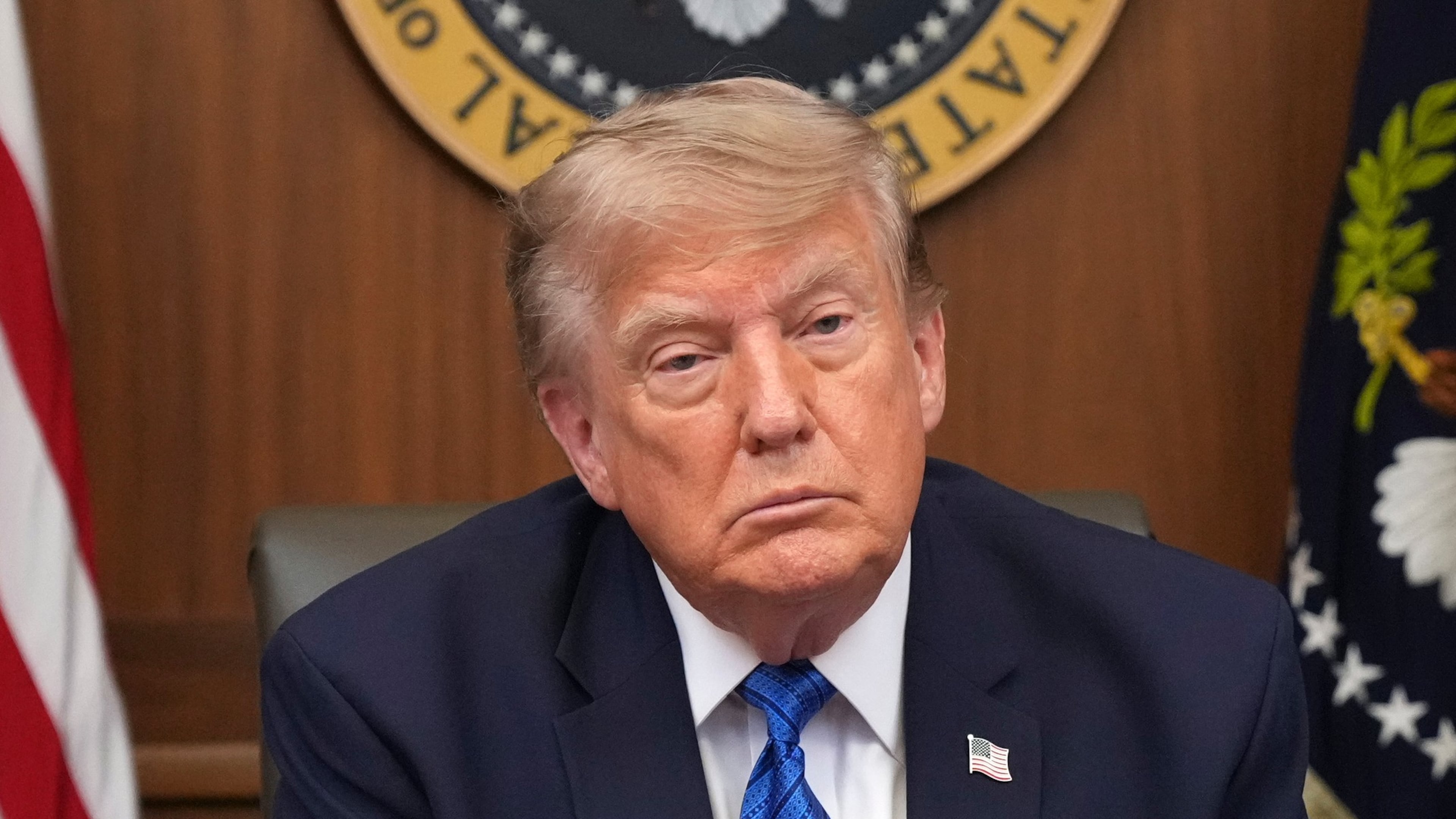 President Donald Trump listens during a cabinet meeting, Friday, July 31, 2026, at Camp David, the presidential retreat, near Thurmont, Md., Friday, July 31, 2026. (AP Photo/Jacquelyn Martin)