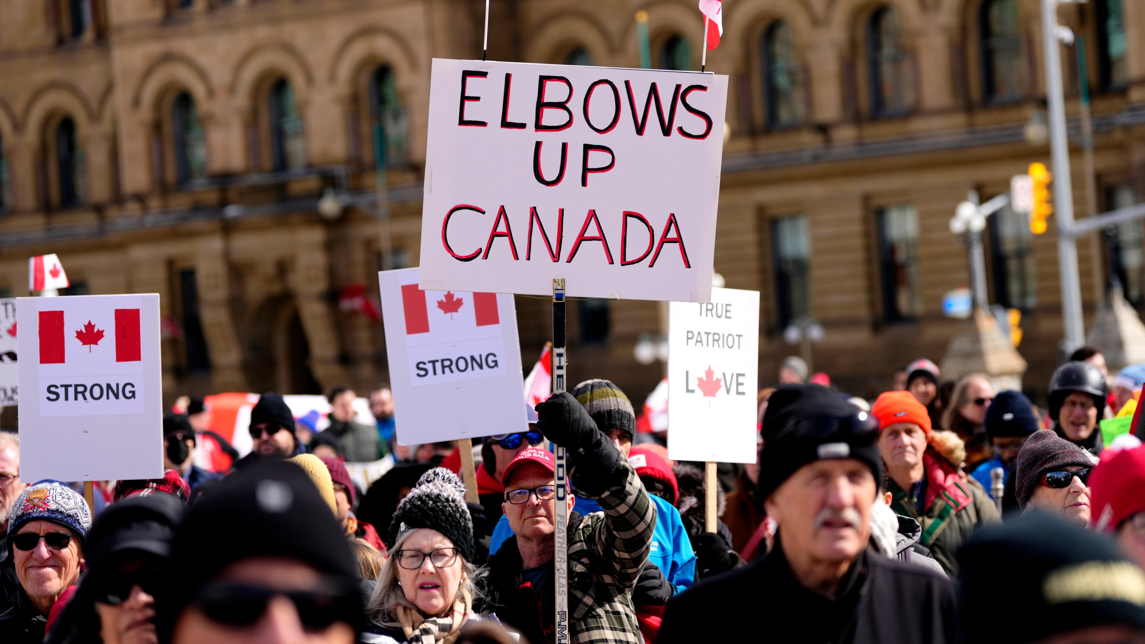 FILE - People rally in response to U.S. President Donald Trump's threats to Canadian sovereignty on Parliament Hill in Ottawa, March 9, 2025. (Justin Tang/The Canadian Press via AP File)