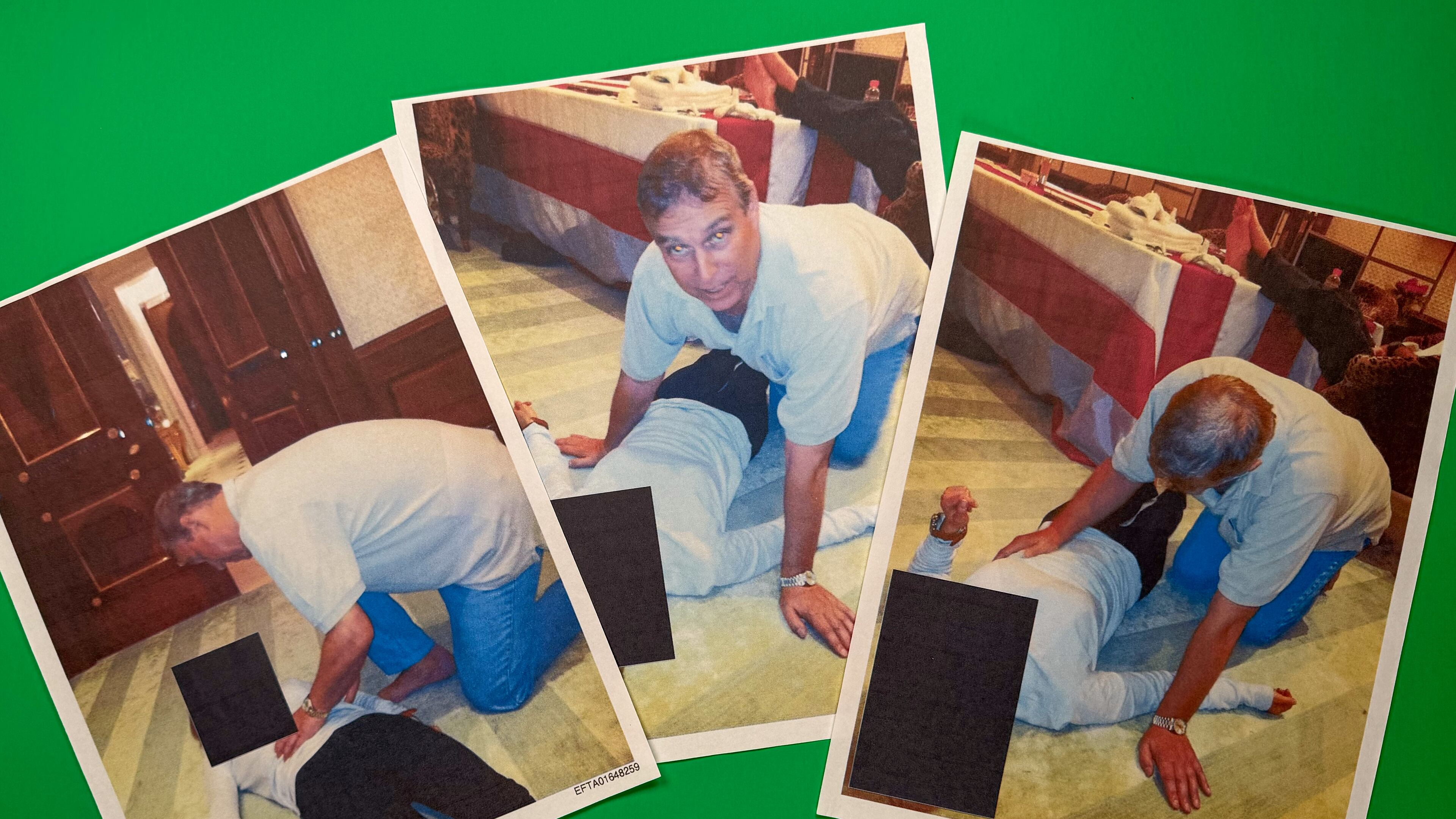 EDS NOTE: GRAPHIC CONTENT - Images from an undated and redacted document released by the U.S. Department of Justice, photographed Saturday, Jan. 31, 2026, show Andrew Mountbatten-Windsor, formerly known as Prince Andrew, leaning over an unidentified person. (AP Photo/Jon Elswick)