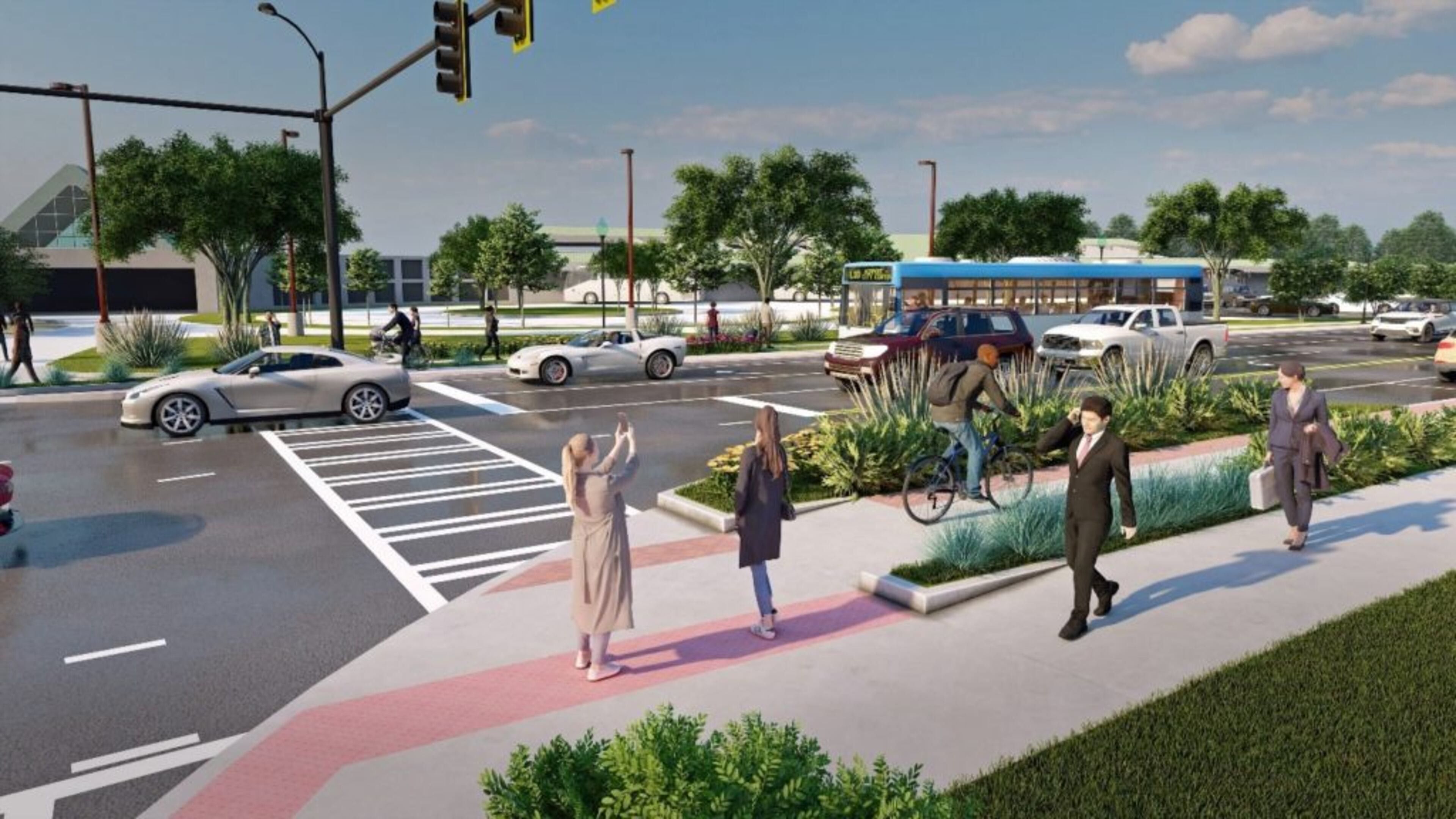 This rendering of the New Peachtree Road in Doraville that shows improved sidewalks, crosswalk, and planters. Credit: Keck and Wood