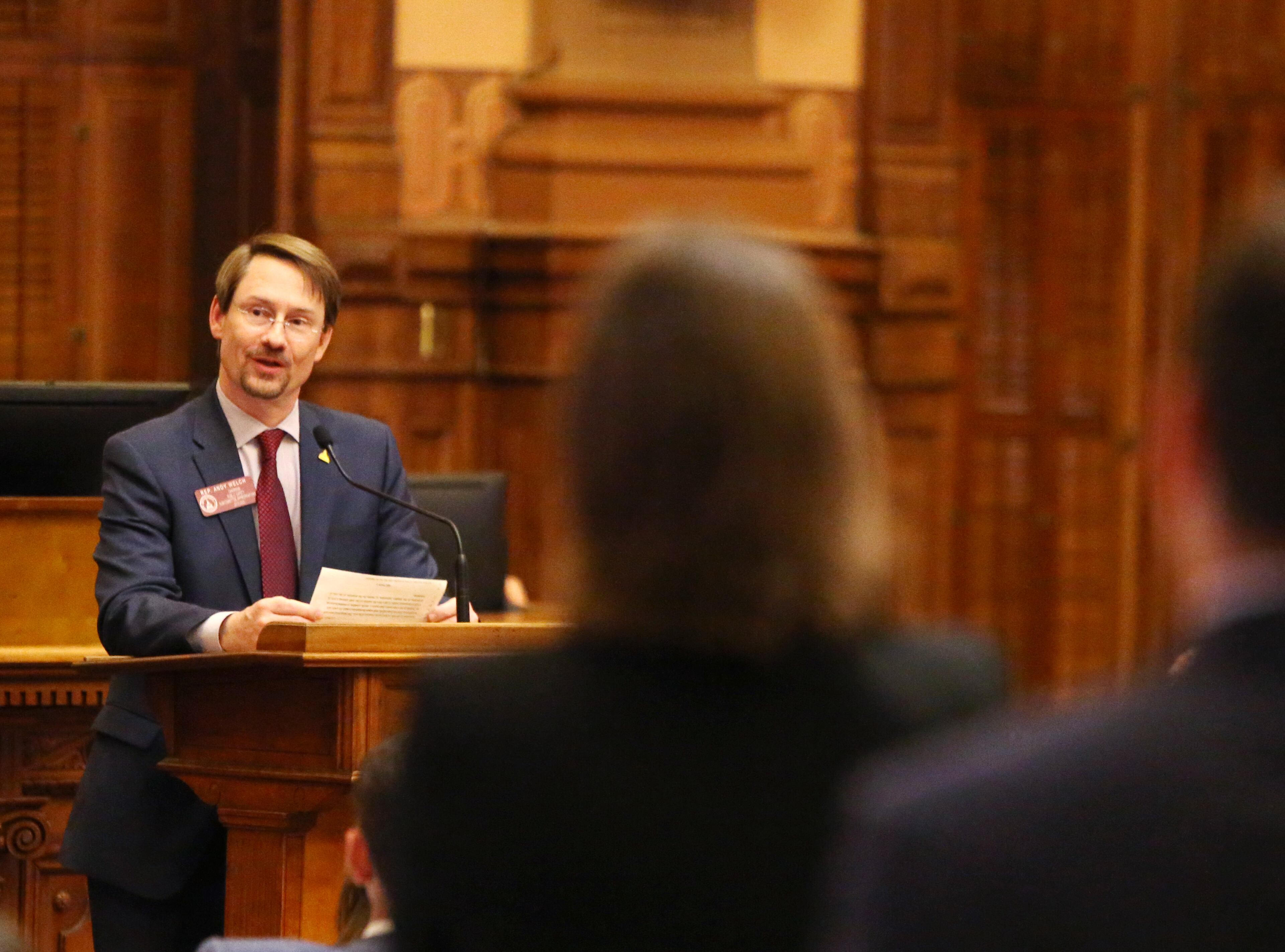 4/2/19 - Atlanta- Representatives stand as Andy Welch, district 110, announces this will be his last term at the Georgia State Capitol in Atlanta, Georgia on Tuesday, April 2, 2019. Today is sine die day, the final day of the 2019 legislature. EMILY HANEY / emily.haney@ajc.com