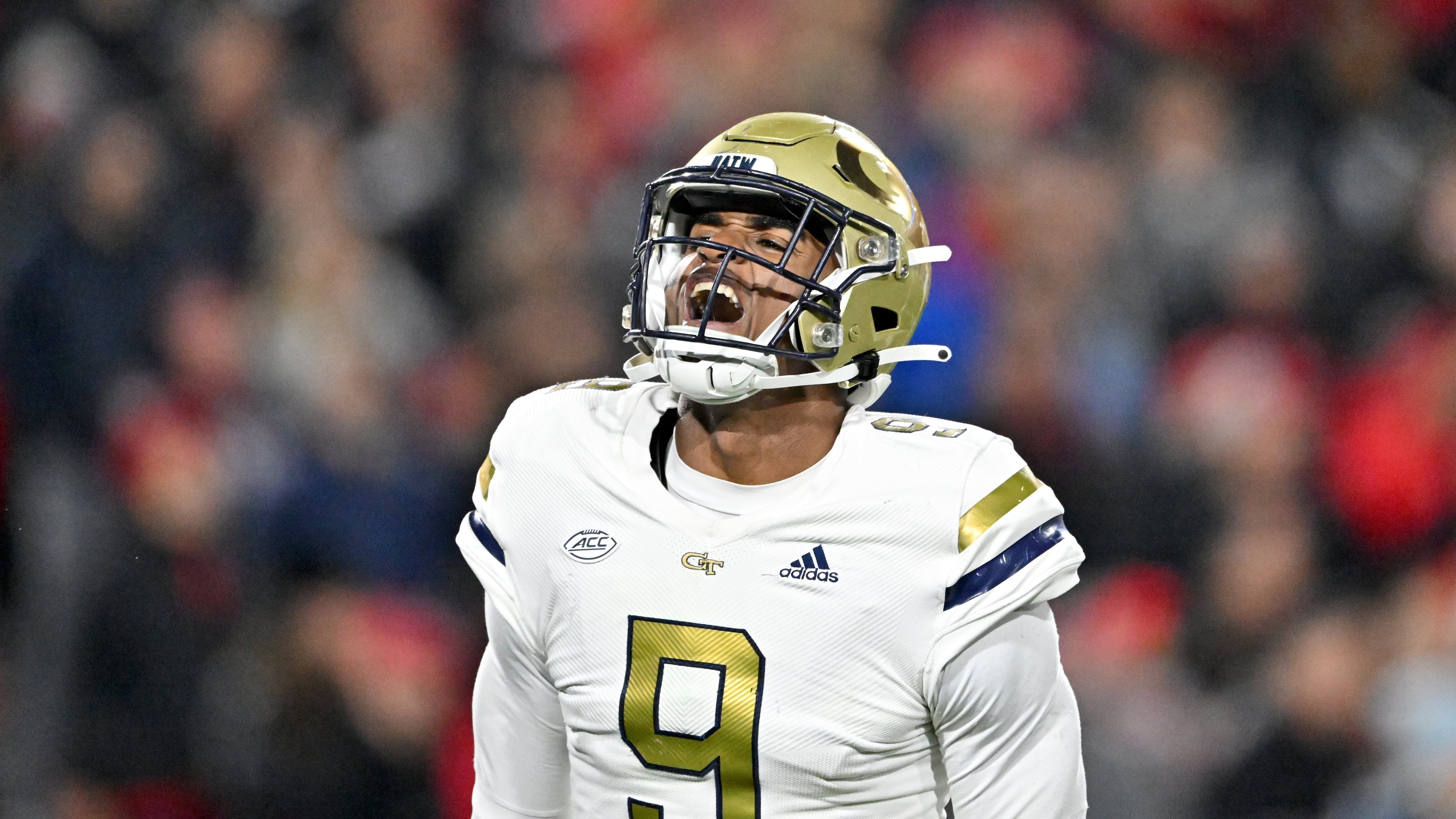 Georgia Tech defensive lineman Romello Height (9) reacts during the first half in an NCAA football game at Sanford Stadium, Friday, November 29, 2024, in Athens. (Hyosub Shin / AJC)
