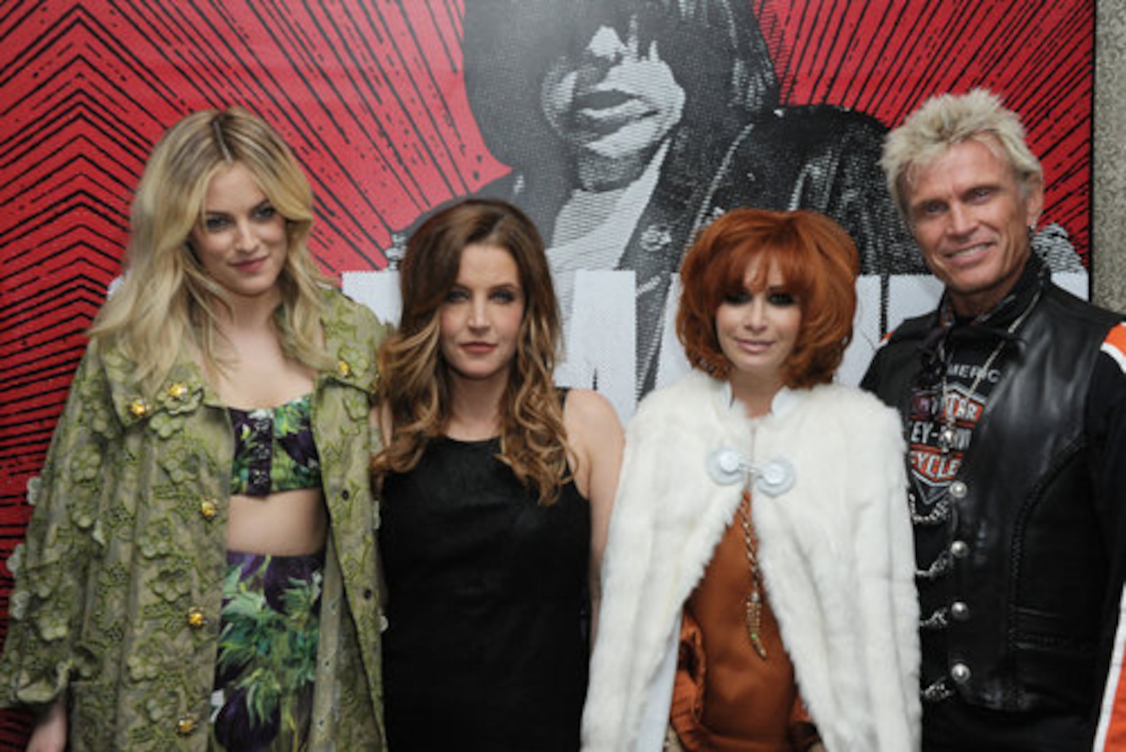 Actress Riley Keough (from left), Lisa Marie Presley, Linda Ramone and Billy Idol attend.