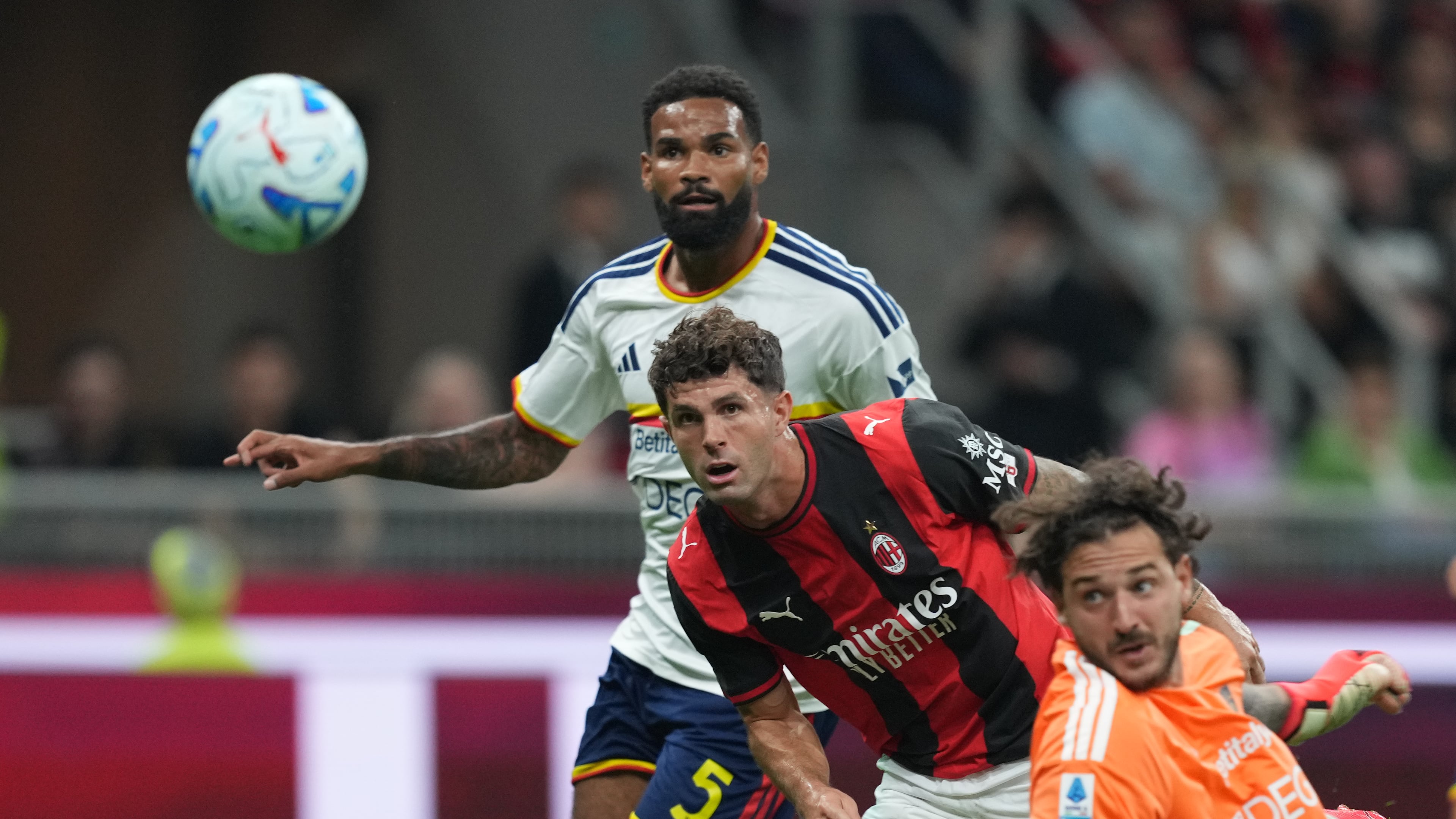 AC Milan's Christian Pulisic scores their opening goal during the Serie A soccer match between AC Milan and Lecce, in Milan, Italy, Sunday, Sept. 20, 2026. (AP Photo/Antonio Calanni)