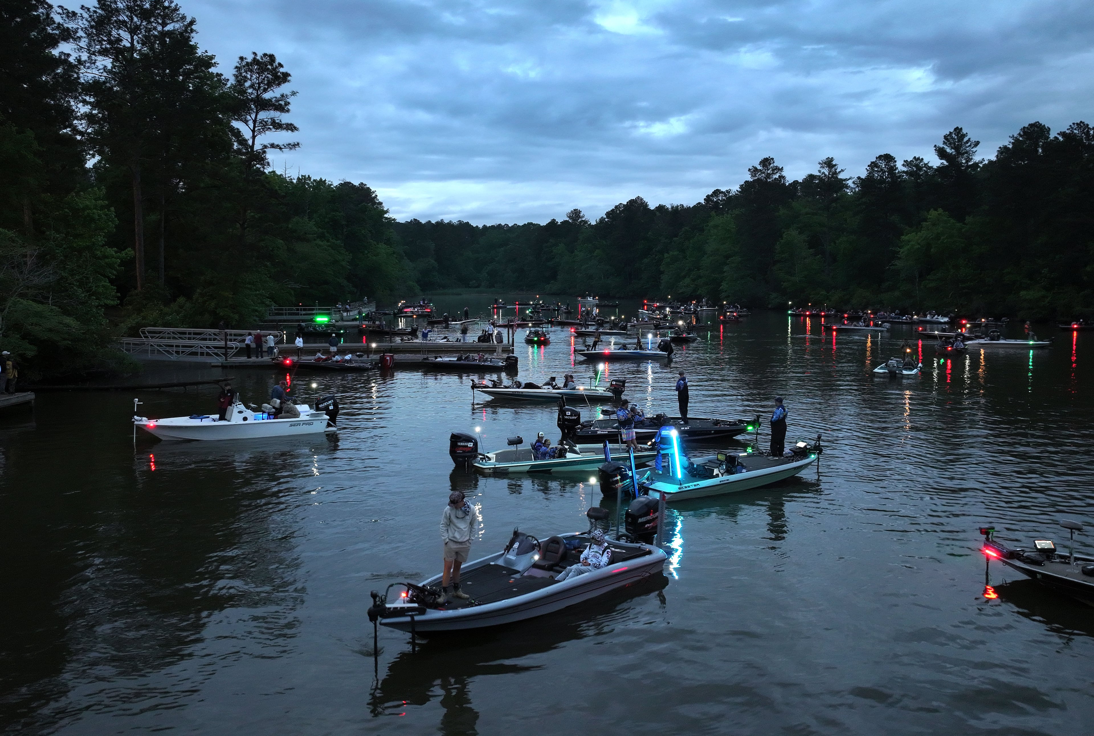 Contestants wait on the Lake Sinclair for the start of the GHSA State Bass Fishing Championship at Dennis Station Boat Ramp on Saturday, May 9, 2026, in Eatonton. The 2026 GHSA Bass Fishing State Championship at Lake Sinclair features a field of 113 boats. (Hyosub Shin/AJC)