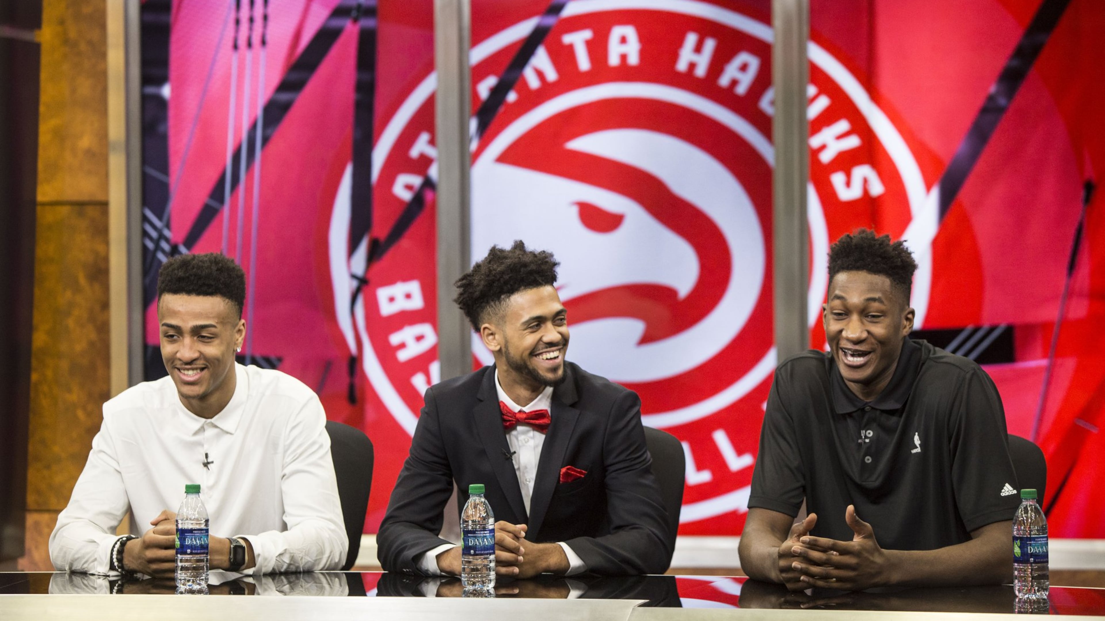 New Atlanta Hawks, John Collins (left), Tyler Dorsey (middle) and Alpha Kaba (right), sit together during a press conference to introduce the 2017 draft picks. Chad Rhym/ Chad.Rhym@ajc.com