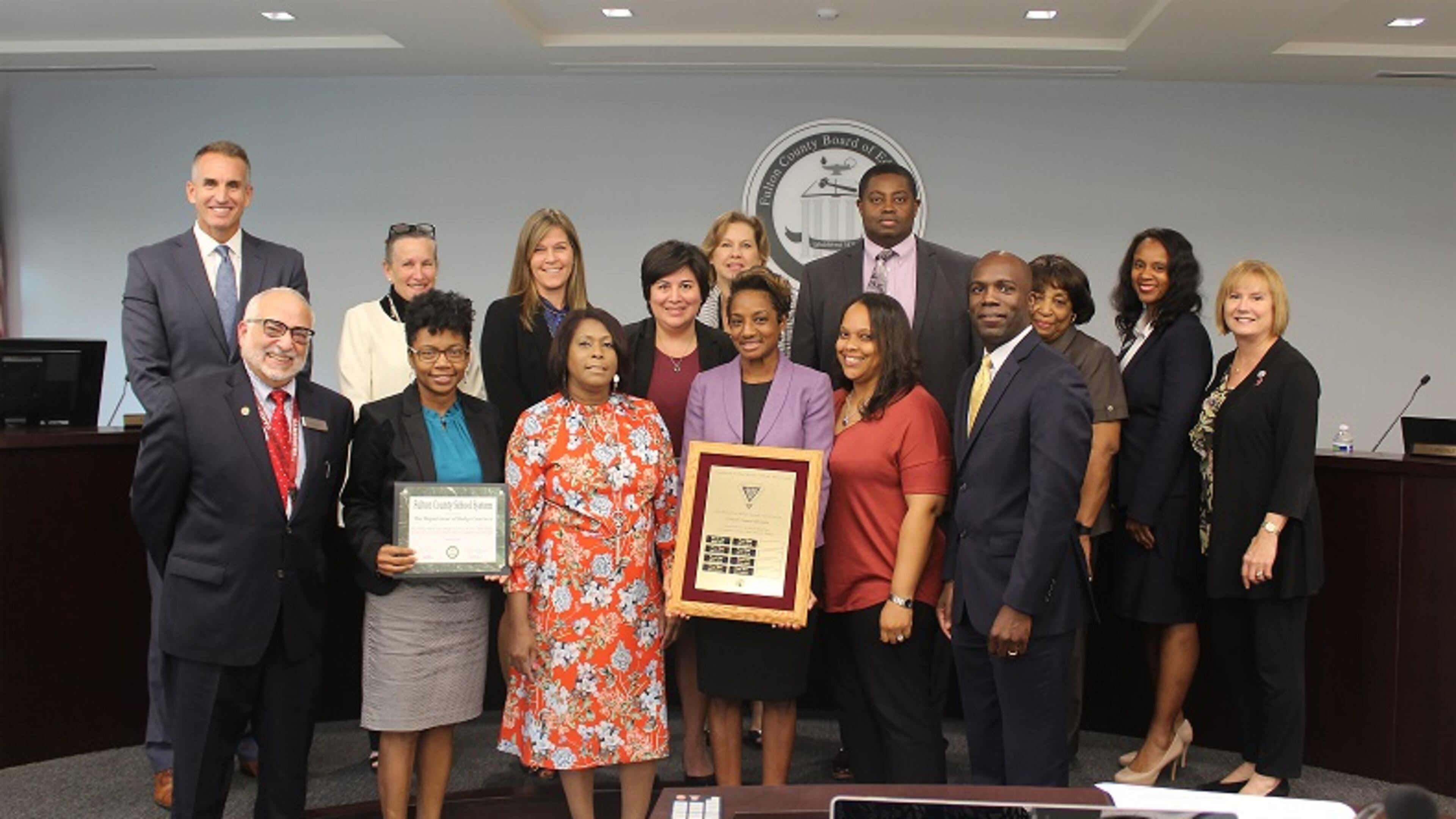 The Budget Services Department of Fulton County Schools has won the Meritorious Budget Award for the eighth year in a row.Front row: FCS Chief Financial Officer Robert Morales, Budget Services Director Tracy Watson, Budget Employees Jennifer Banks, Tiffany Gleaton and Dawn Pinckney, and Deputy Chief Financial Officer Marvin Dereef.Back row: Superintendent Dr. Jeff Rose, Board Member Katie Reeves, Board Vice President Linda McCain, Budget Employee Olga Etris, Board Member Katha Stuart, Budget Employee Ray White, Board President Linda Bryant, and Board Members Kimberly Dove and Julia Bernath.