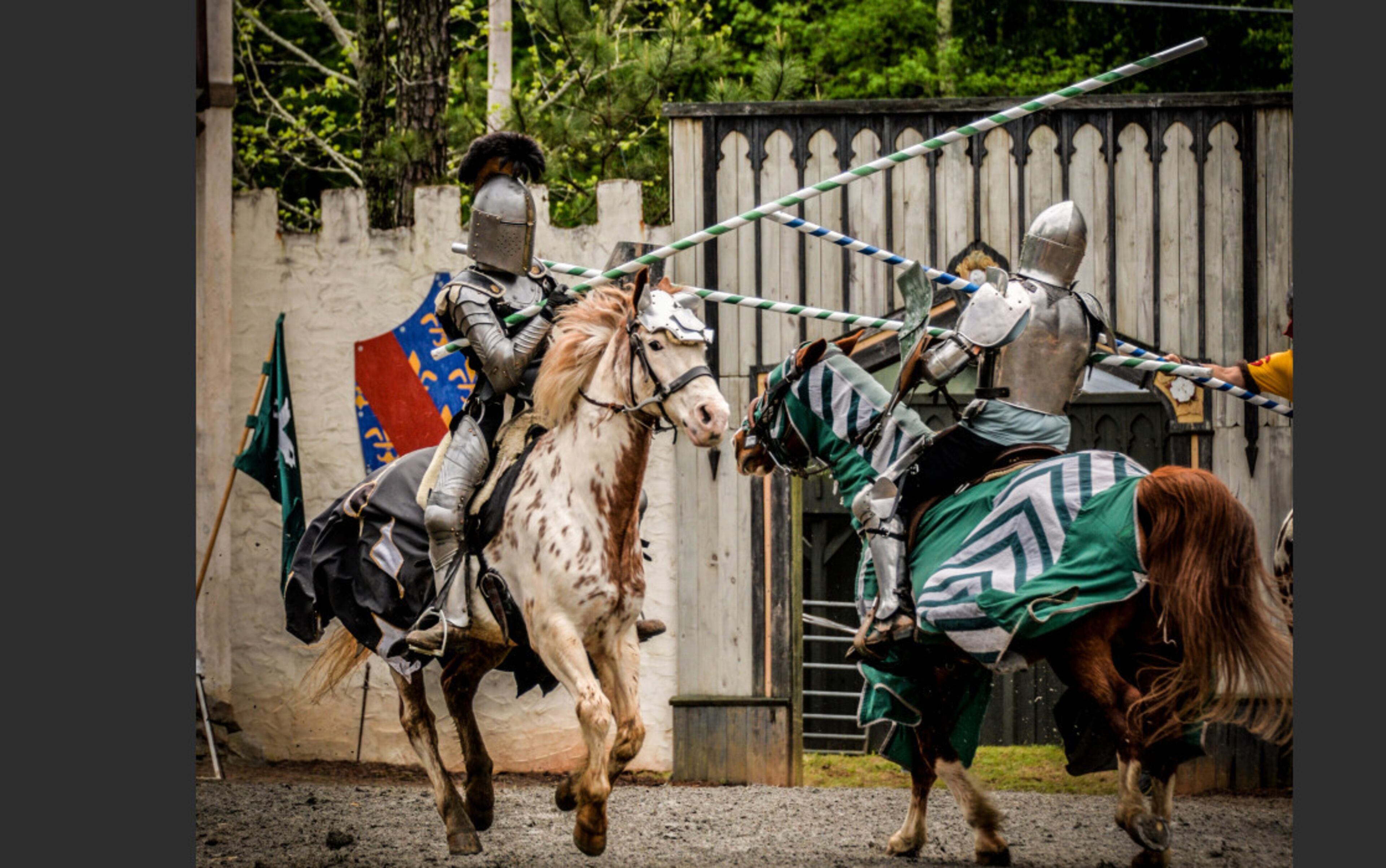 Knights in shining armor joust upon steeds at the The Georgia Renaissance Festival weekends April 15-June 4.