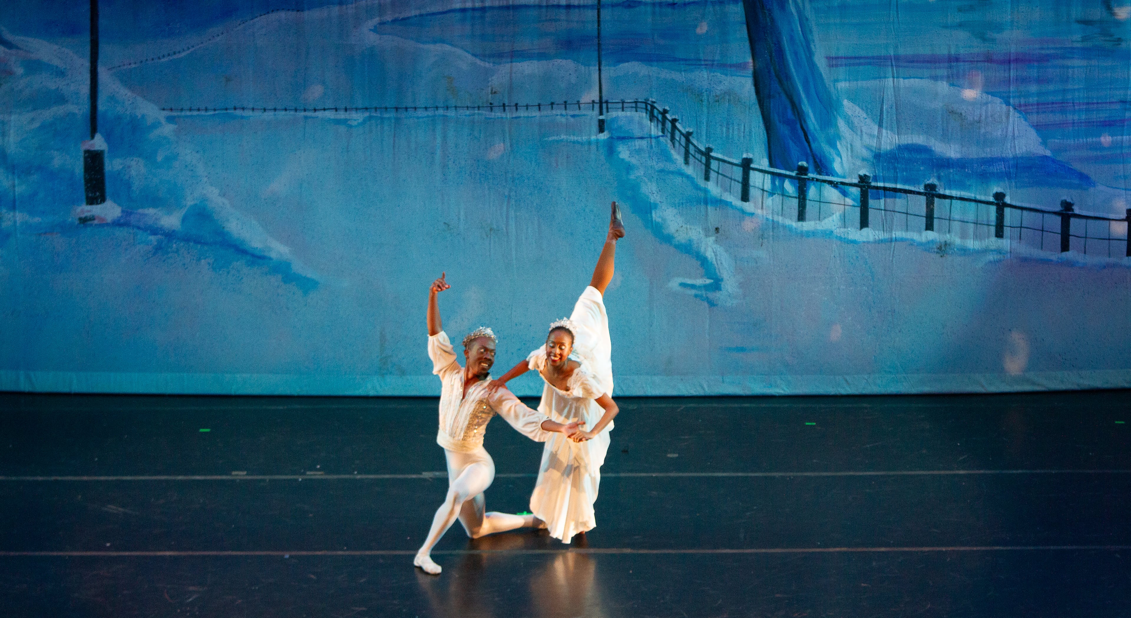 Soloists in Ballethnic's “Urban Nutcracker” perform the pas de deux in the snow scene. (Courtesy of Ballethnic)