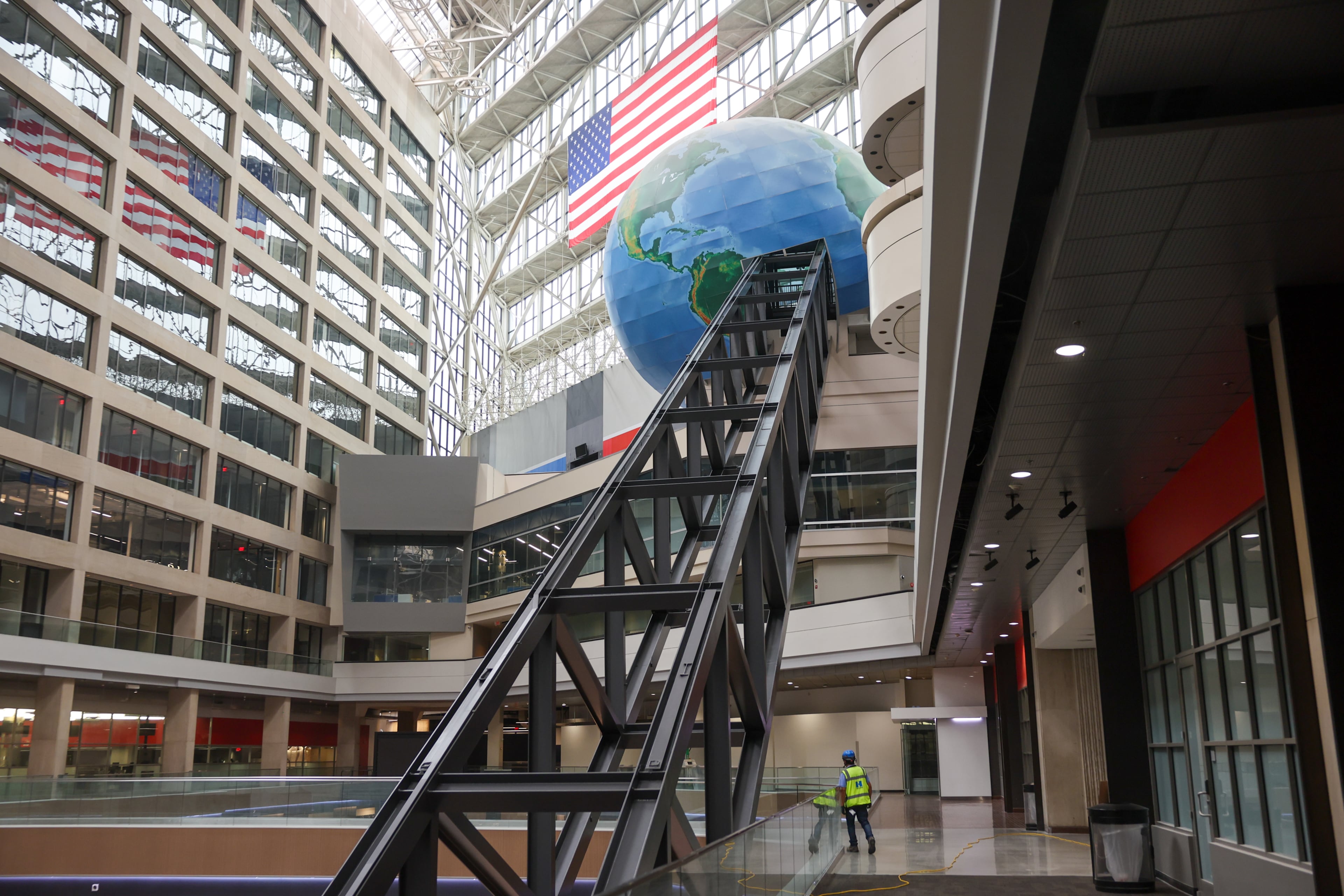 A worker walks inside The Center, formerly CNN Center, in Atlanta on March 30, 2026. (Arvin Temkar/AJC)