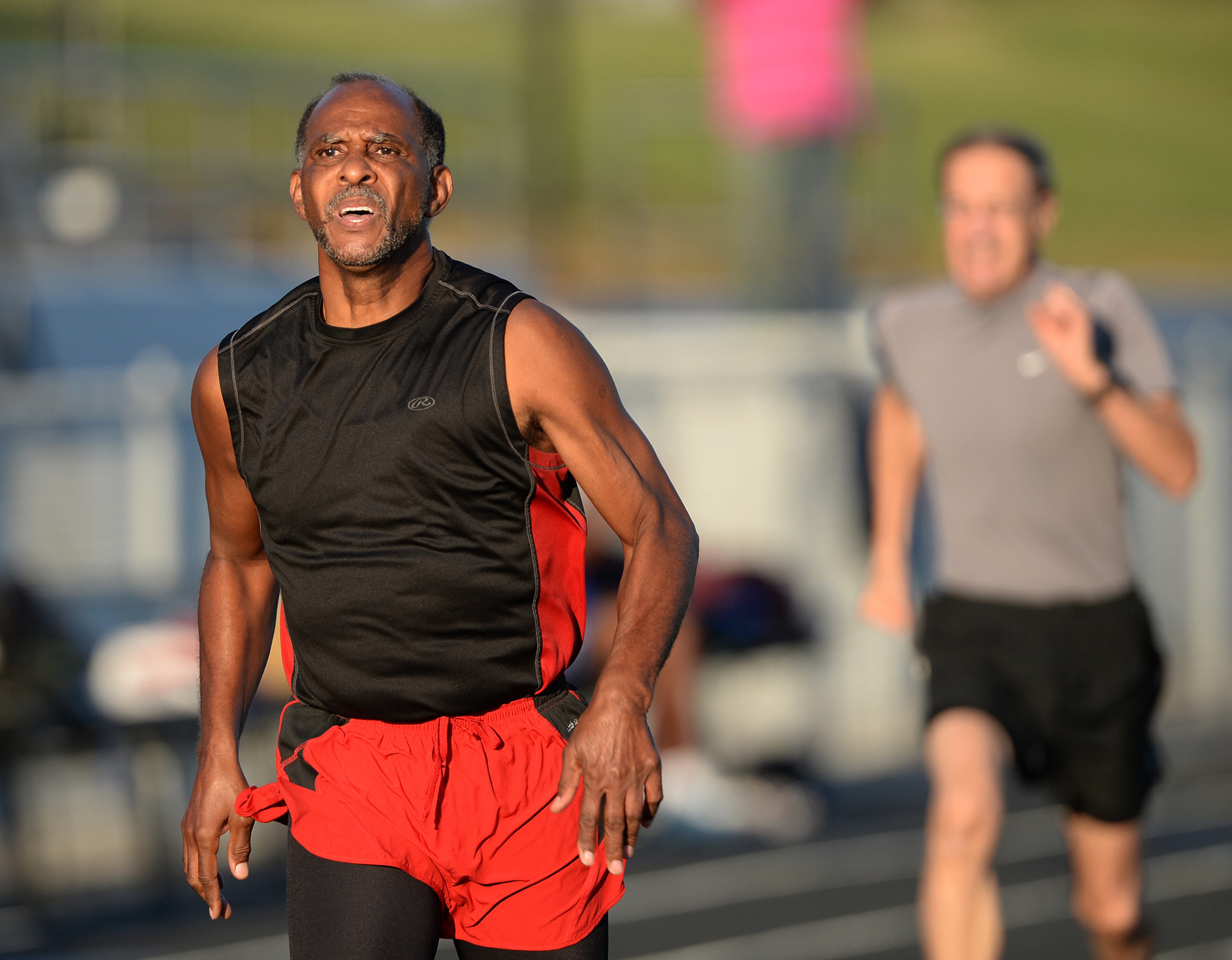 Faheem Shabazz, 69, Savannah,Georgia, runs the 100 meter race in 14:62 during the 31st Annual Georgia Golden Olympics in Warner Robins, Georgia on Thursday, September 18, 2013. Over 430 seniors from age 50 to 92 competed in track & field, swimming, horse shoes, bowling, cycling, checkers, wheelchair, billiards, tennis, and archery. The games started on September 18, 2013 and end on September 21, 2013.