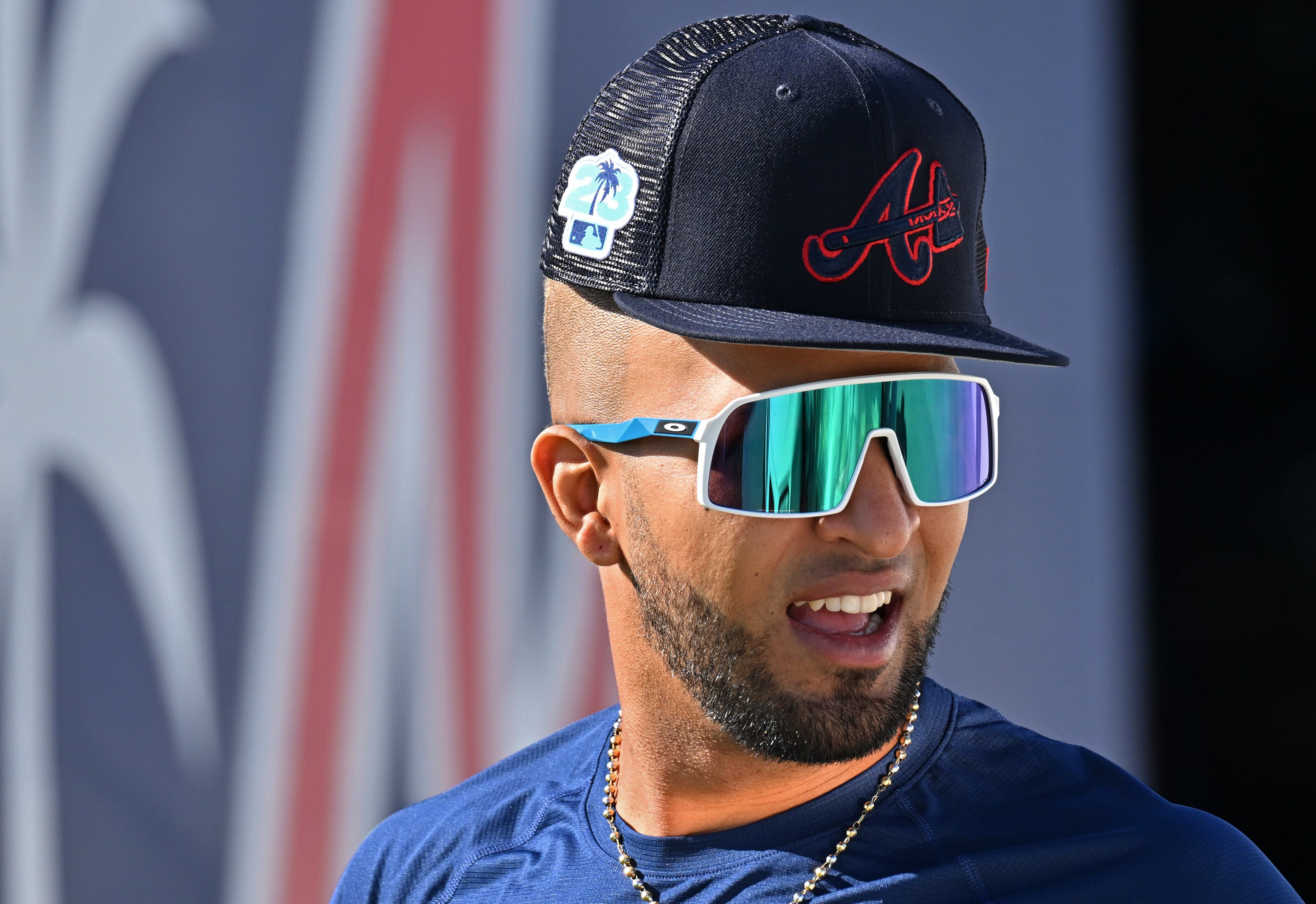 Braves left fielder Eddie Rosario smiles as he talks to his teammates during spring training Thursday at CoolToday Park in North Port, Florida. (Hyosub Shin / Hyosub.Shin@ajc.com)