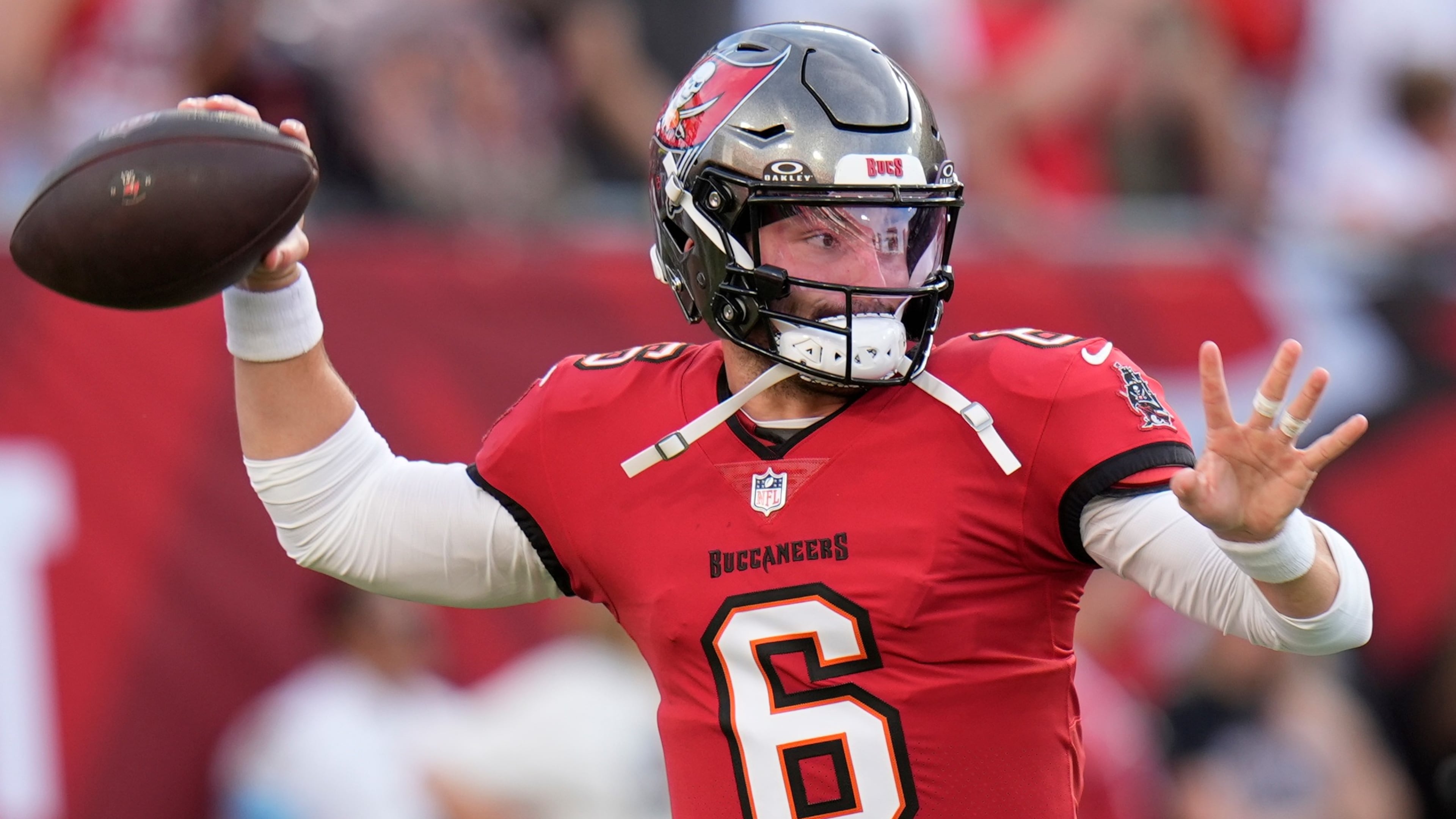 Tampa Bay Buccaneers quarterback Baker Mayfield (6) works out before an NFL football game against the Kansas City Chiefs, Saturday, Aug. 22, 2026, in Tampa, Fla. (AP Photo/Chris O'Meara)