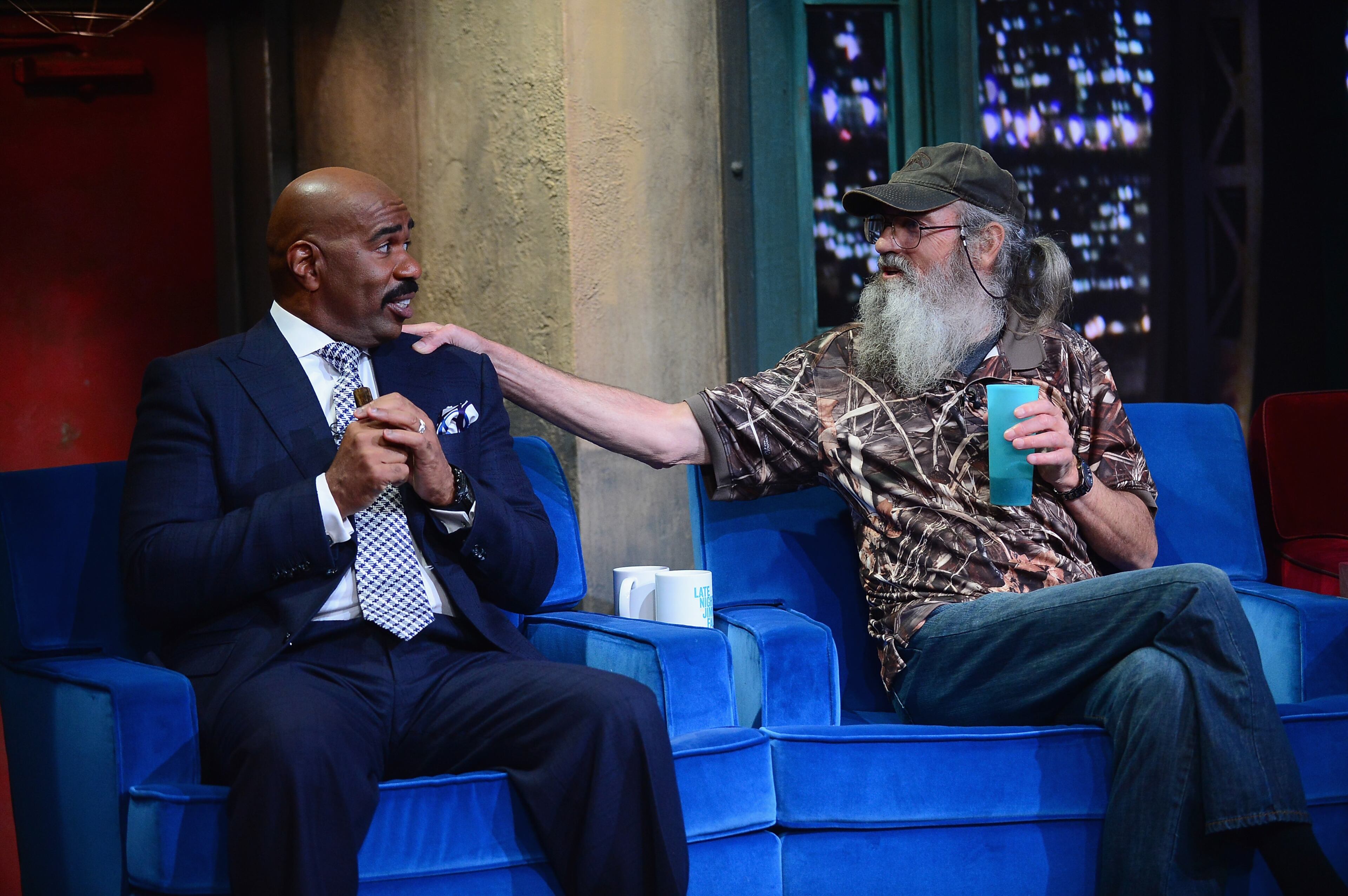 NEW YORK, NY - SEPTEMBER 09: Steve Harvey and Si Robertson visit "Late Night With Jimmy Fallon" at Rockefeller Center on September 9, 2013 in New York City. (Photo by Theo Wargo/Getty Images)