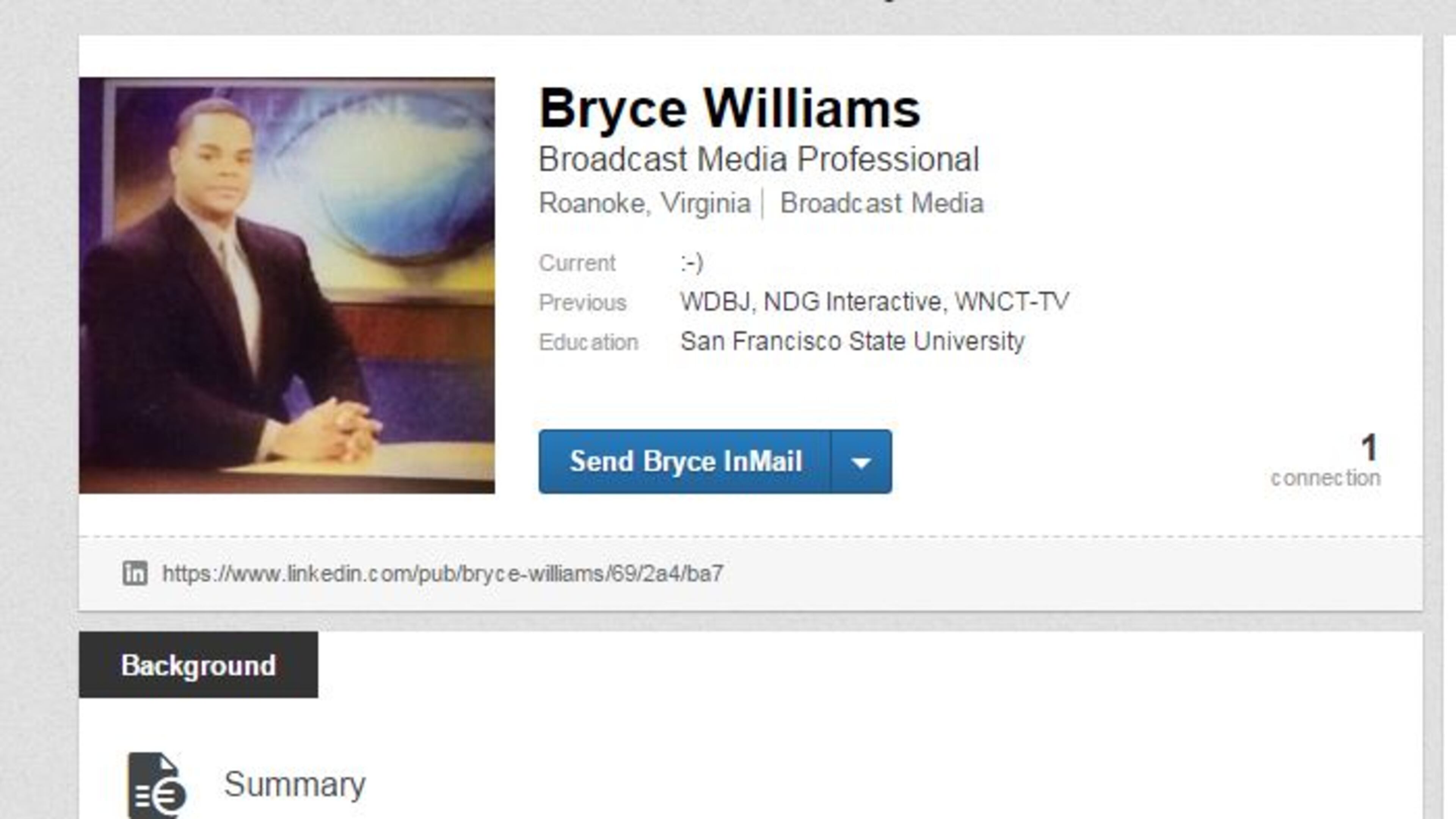 A LinkedIn profile appearing to belong to Virginia shooting suspect Vester Lee Flanagan — also known as Bryce Williams — suggests he previously worked at WTOC-TV in Savannah. (Screenshot)
