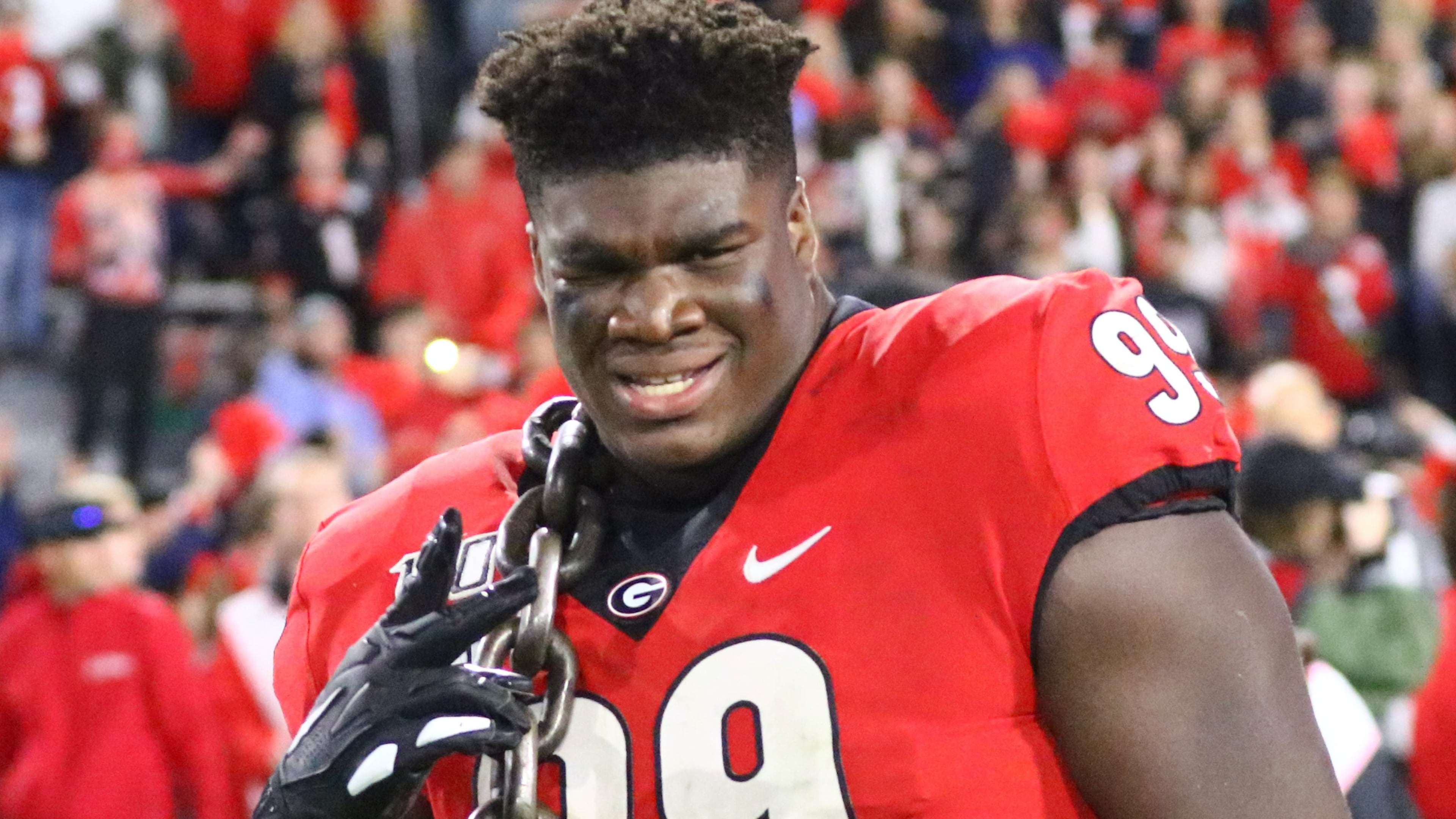 Georgia nosegaurd Jordan Davis has earned has the defensive line's coveted Junkyard Dawg chain for exemplary play many times over the last three seasons.
(Photo by Andy Harrison/UGA Athletics)