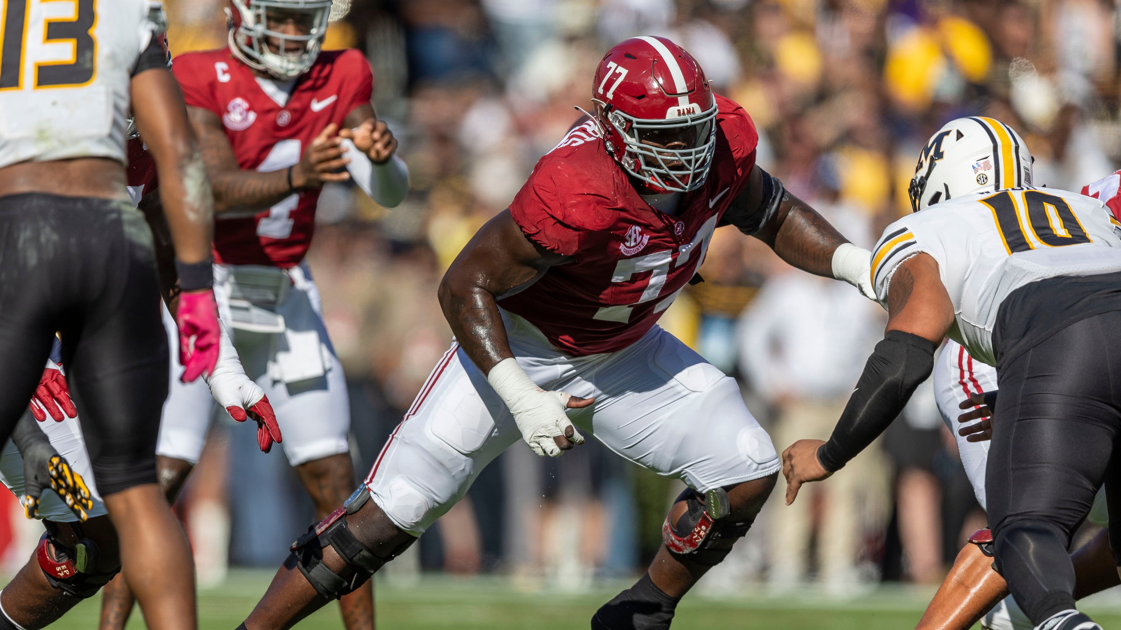 FILE - Alabama offensive lineman Jaeden Roberts (77) blocks Missouri defensive tackle Sterling Webb (10) during the first half of an NCAA college football game, Saturday, Oct. 26, 2024, in Tuscaloosa, Ala. (AP Photo/Vasha Hunt, File)