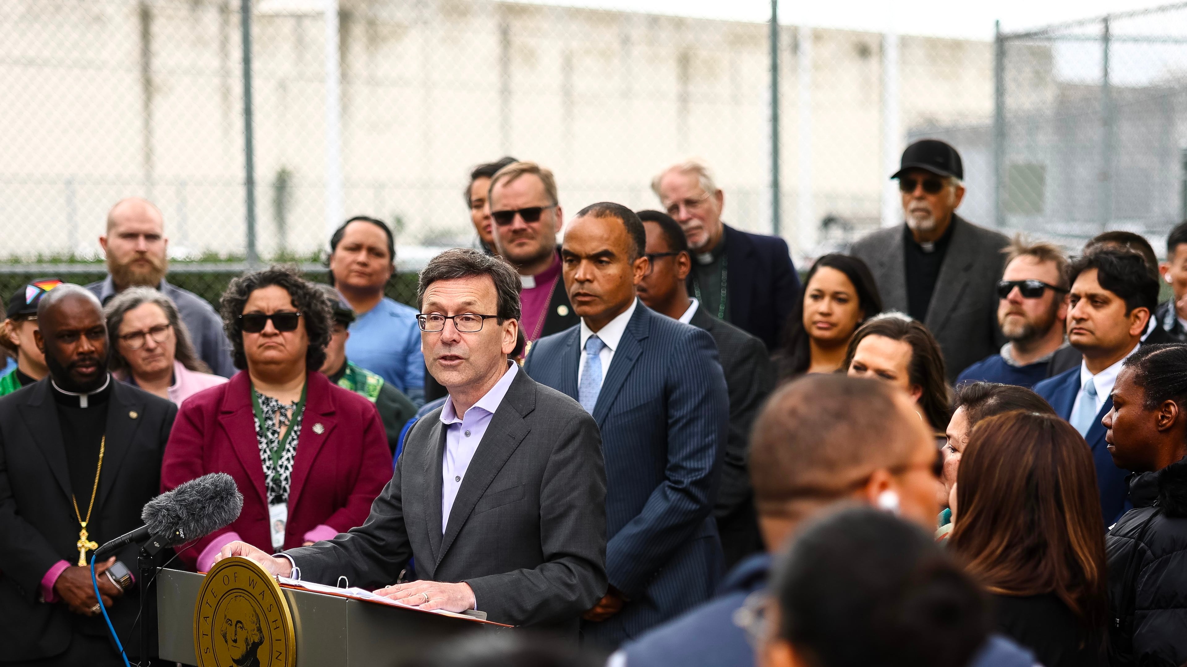 Gov. Bob Ferguson speaks during a news conference outside of the Northwest ICE Processing Center on Tuesday, April 28, 2026, in Tacoma, Wash. (Nick Wagner/The Seattle Times via AP)